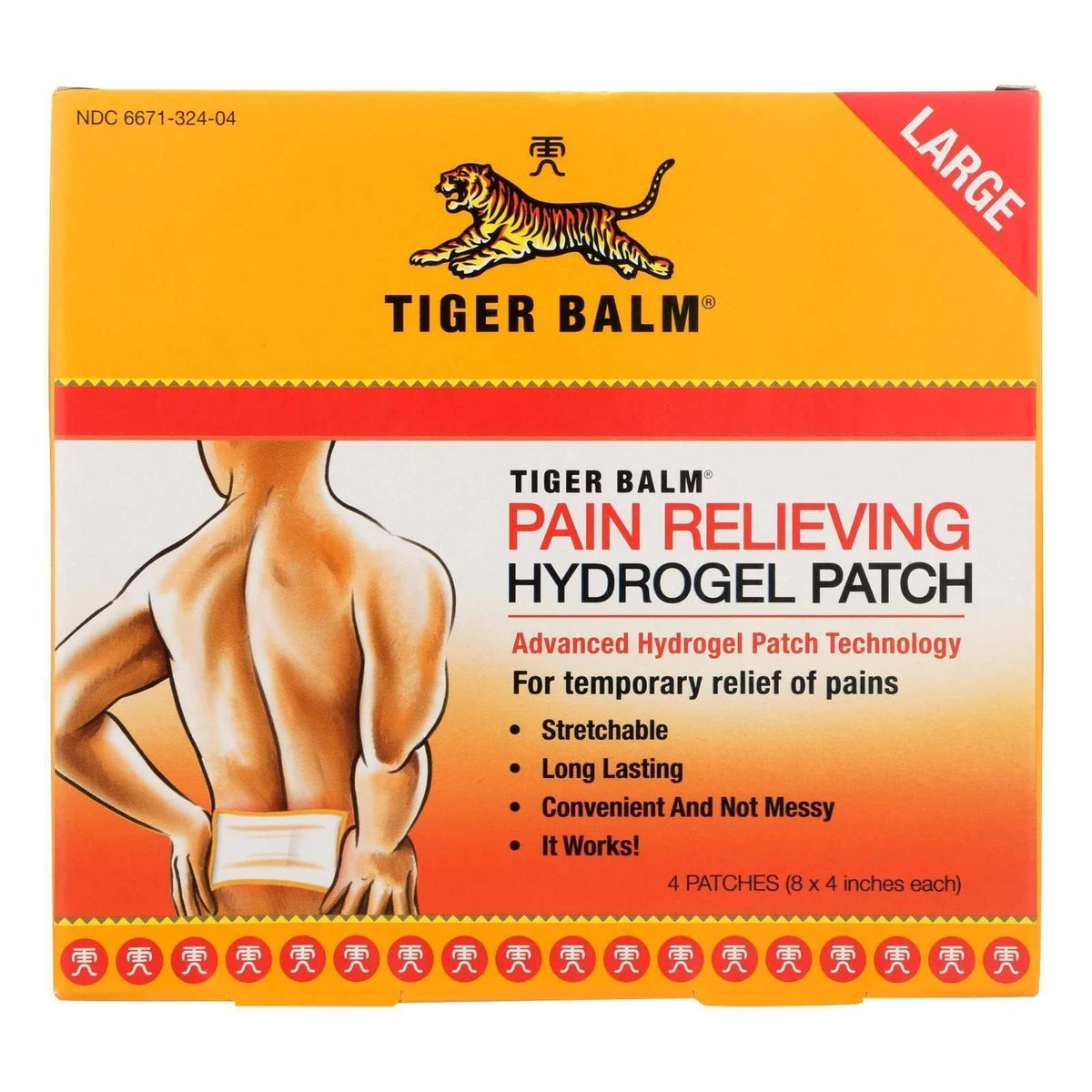 Tiger Balm Patch Grand Format en application sur le dos, soulage les muscles tendus.