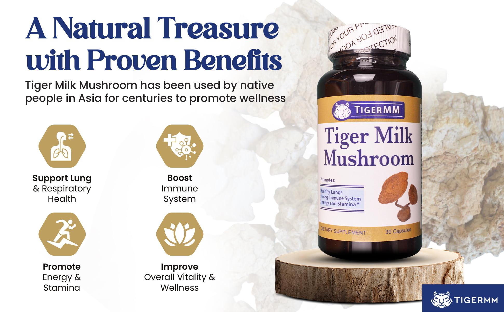 Capsules végétales TIGERMM champignon lait-tigre pour énergie durable.