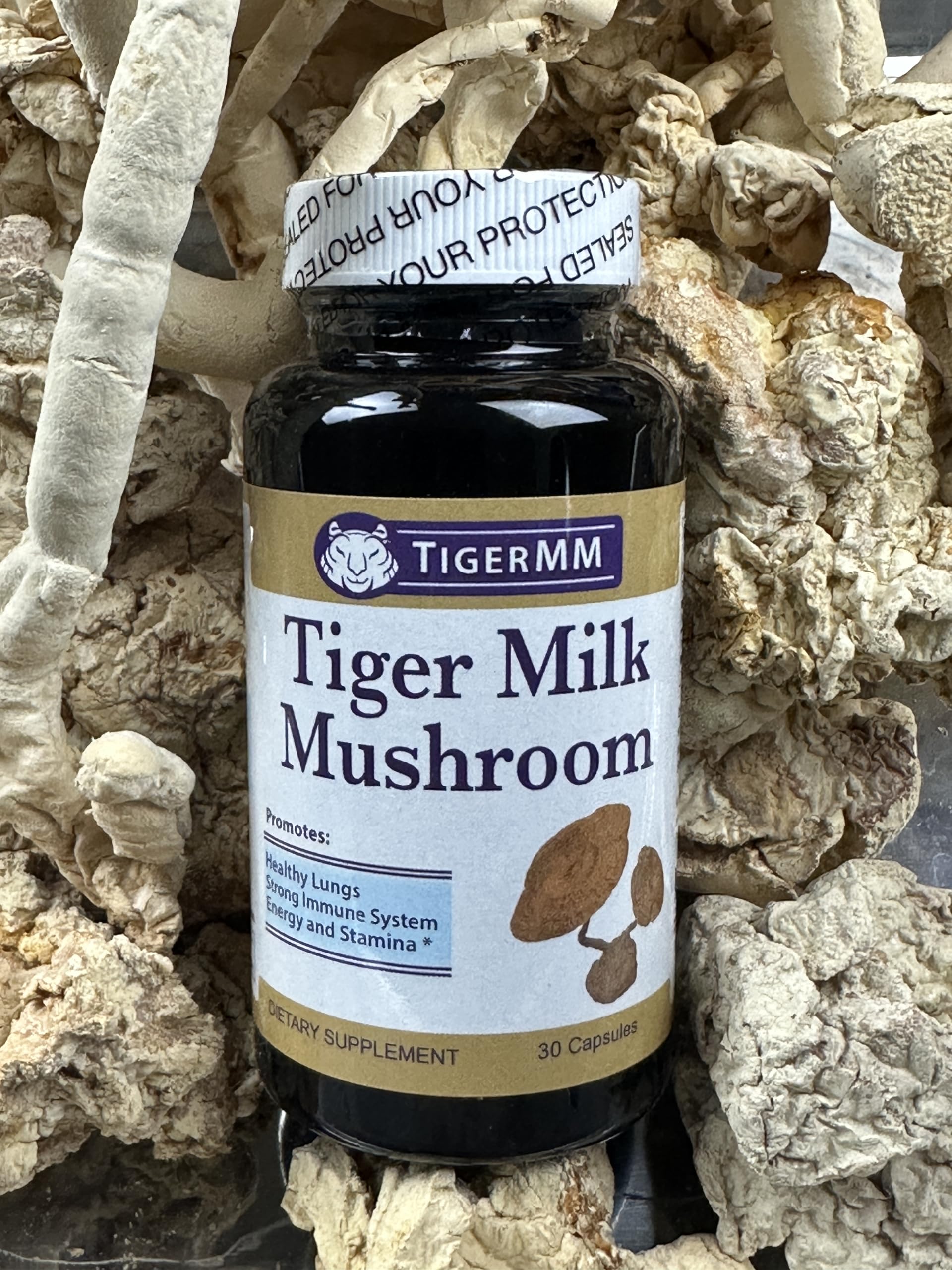Emballage TIGERMM champignon lait-tigre montrant le label États‑Unis.