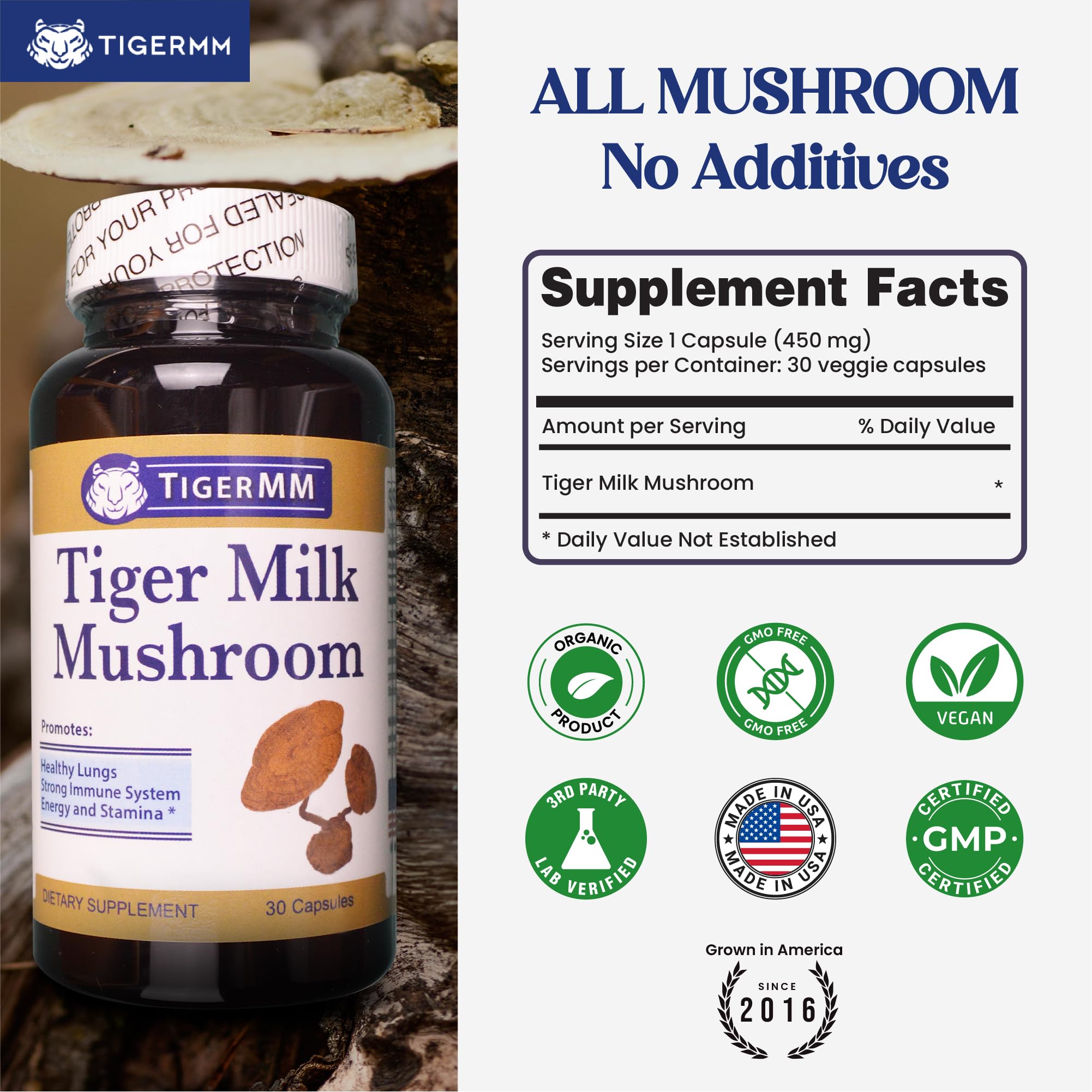 Étiquette TIGERMM champignon lait-tigre indiquant l'origine États-Unis et les ingrédients.