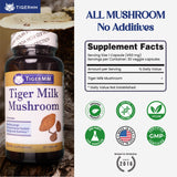 Étiquette TIGERMM champignon lait-tigre indiquant l'origine États-Unis et les ingrédients.