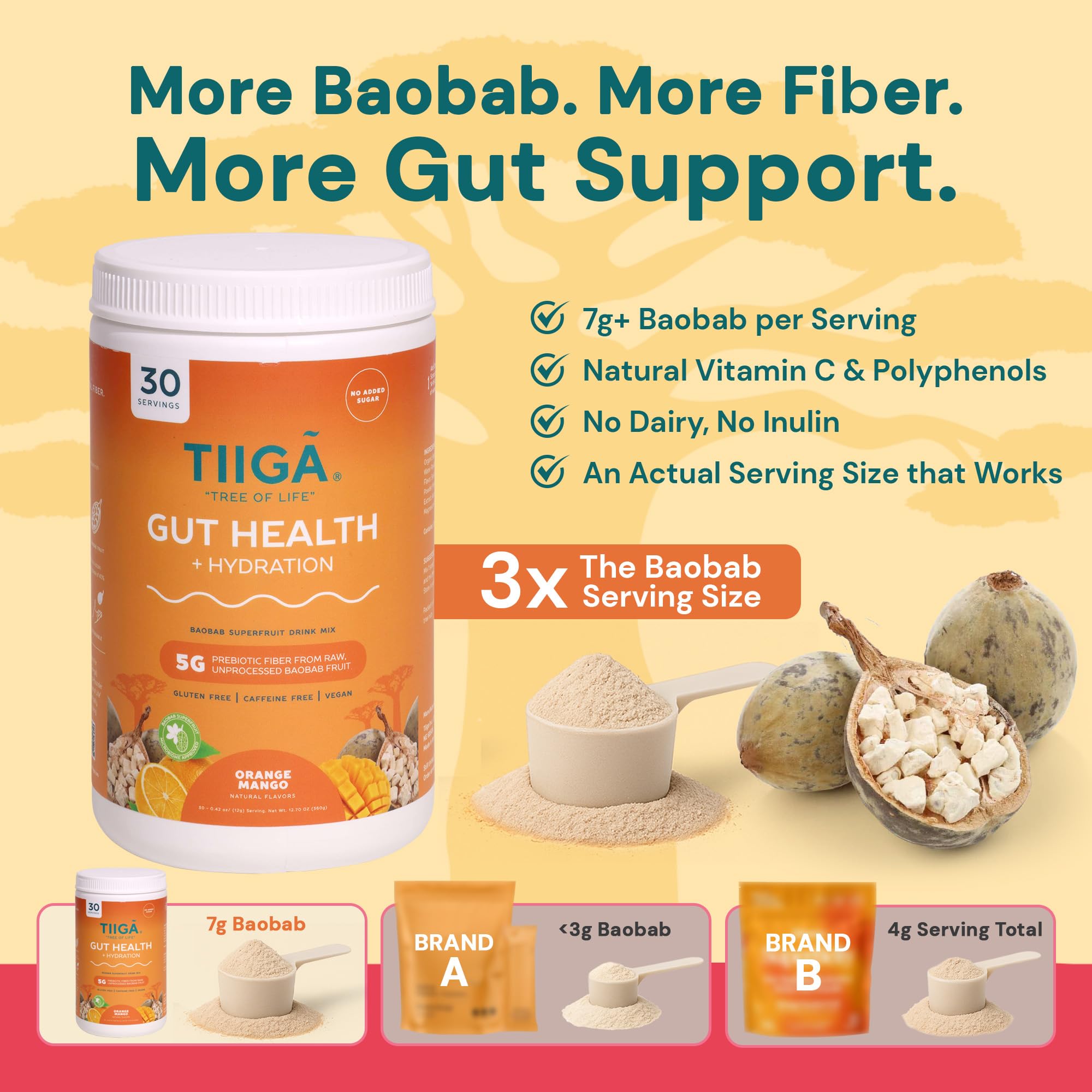 Tiiga baobab dosage 7g : apport prébiotiques puissant pour la digestion.