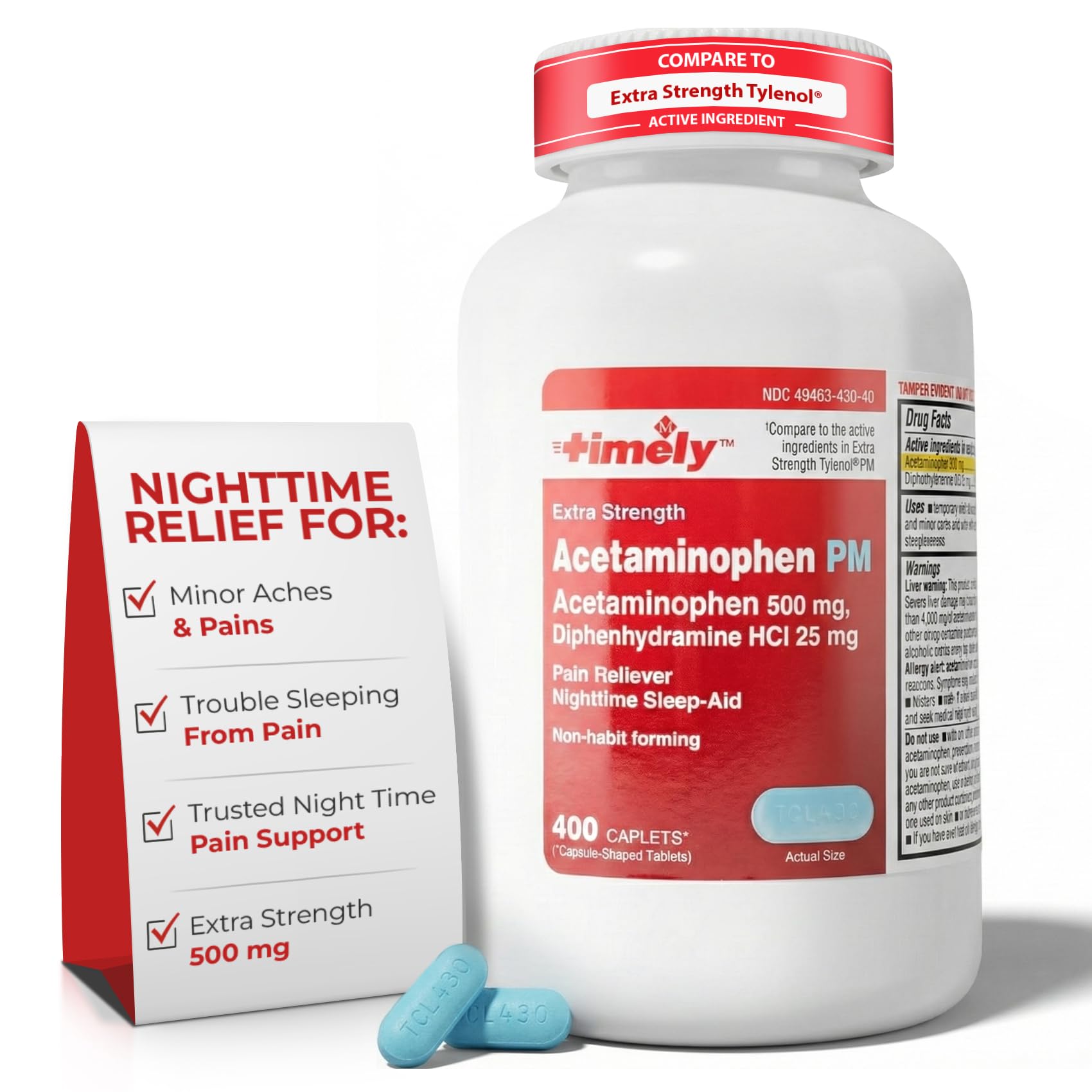 Bouteille TIME-CAP LABS 400 caplets PM pour soulager les douleurs nocturnes et favoriser le repos.
