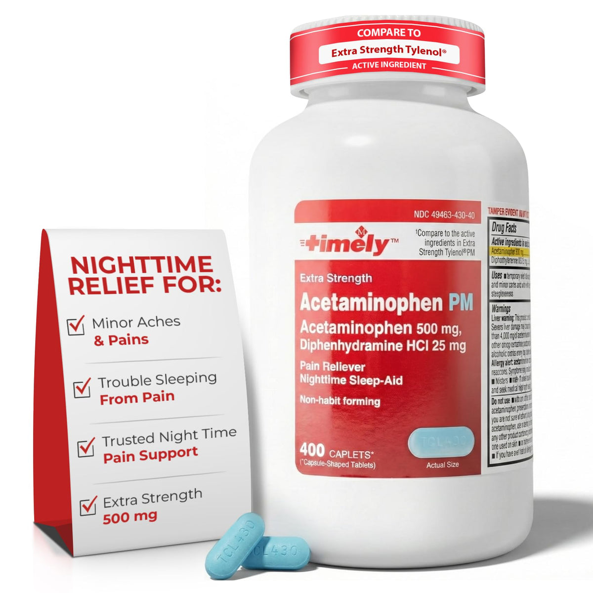 Bouteille TIME-CAP LABS 400 caplets PM pour soulager les douleurs nocturnes et favoriser le repos.