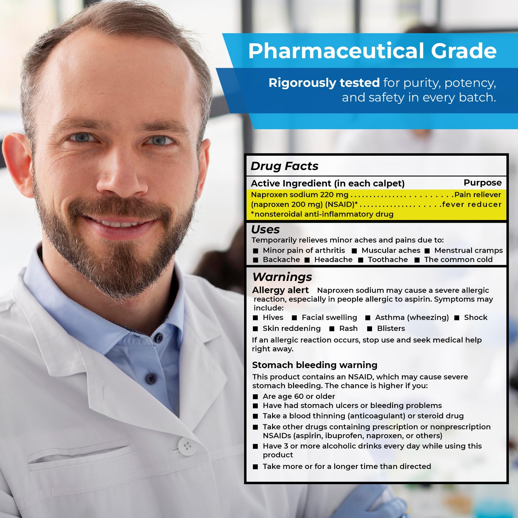 TIME-CAP LABS Naproxène 220 mg caplets faciles à ranger dans la pharmacie familiale.