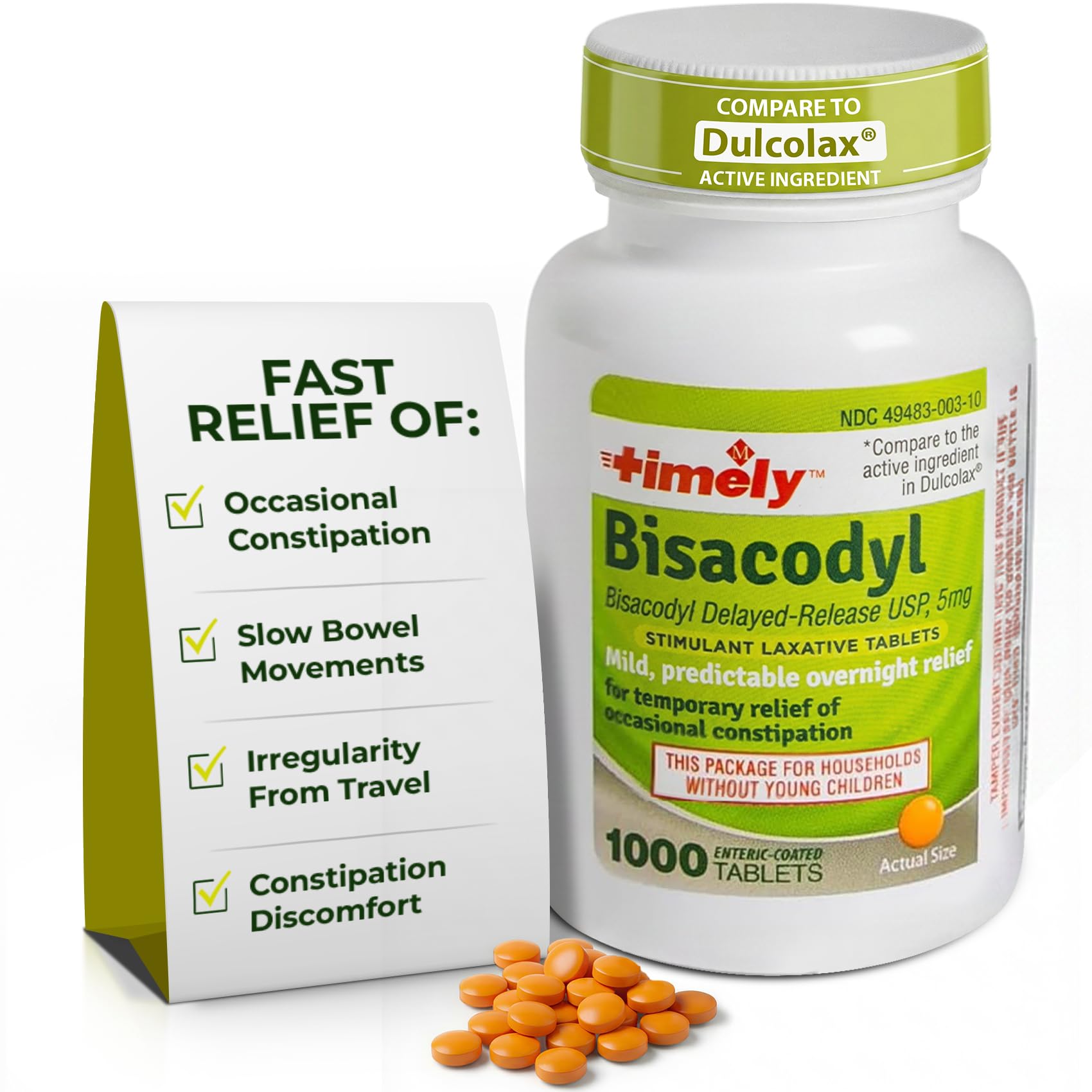 Time-Cap Labs Bisacodyl 5 mg comprimés enteriques dans une bouteille 1000, soulagement nocturne potentiel.