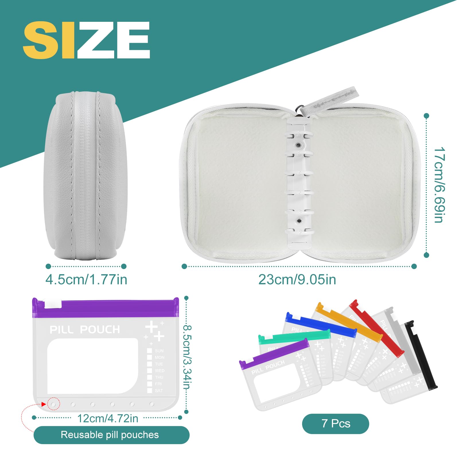 Timueetech A7 binder-pilules avec 7 poches – organisation facile au quotidien.
