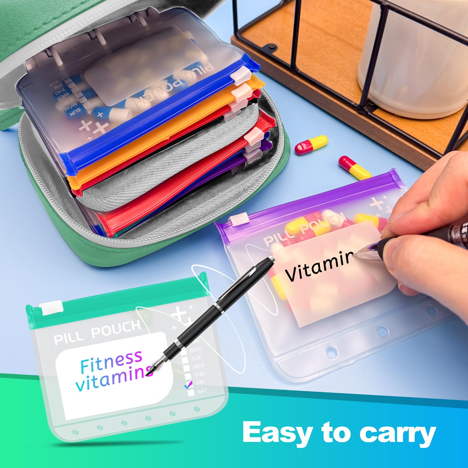 Timueetech A8 pochettes pilules transparentes, visualisation rapide des doses.