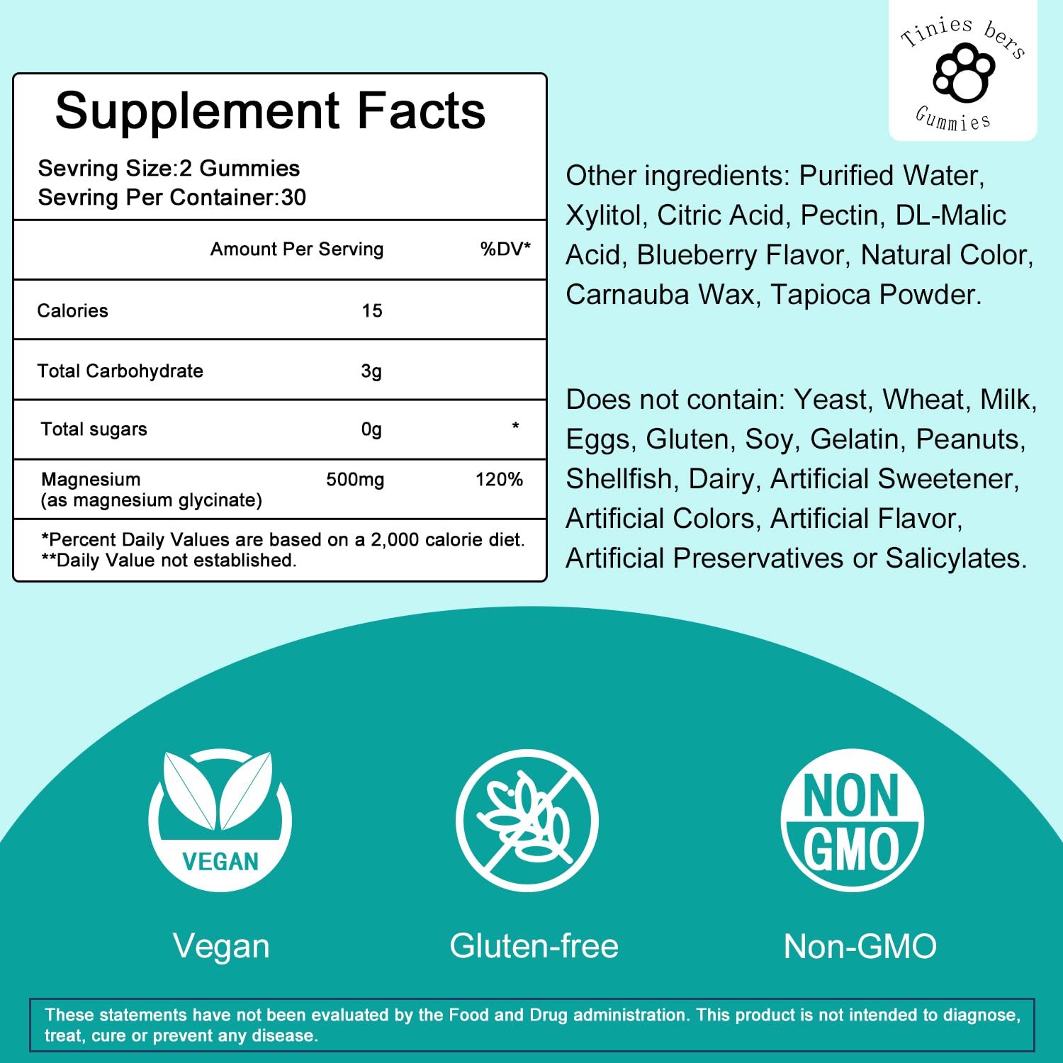 Étiquette Tinies bers gommes magnésium glycinate 500mg, ingrédients et vegan.