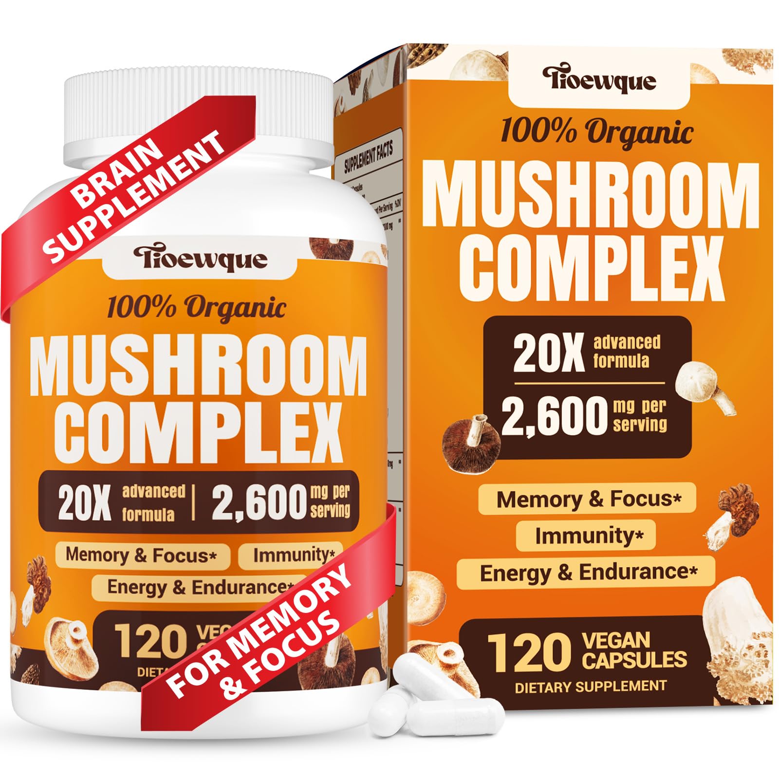 Tioewque, bouteille montrant le melange de champignons 20-en-1 pour le soutien quotidien.