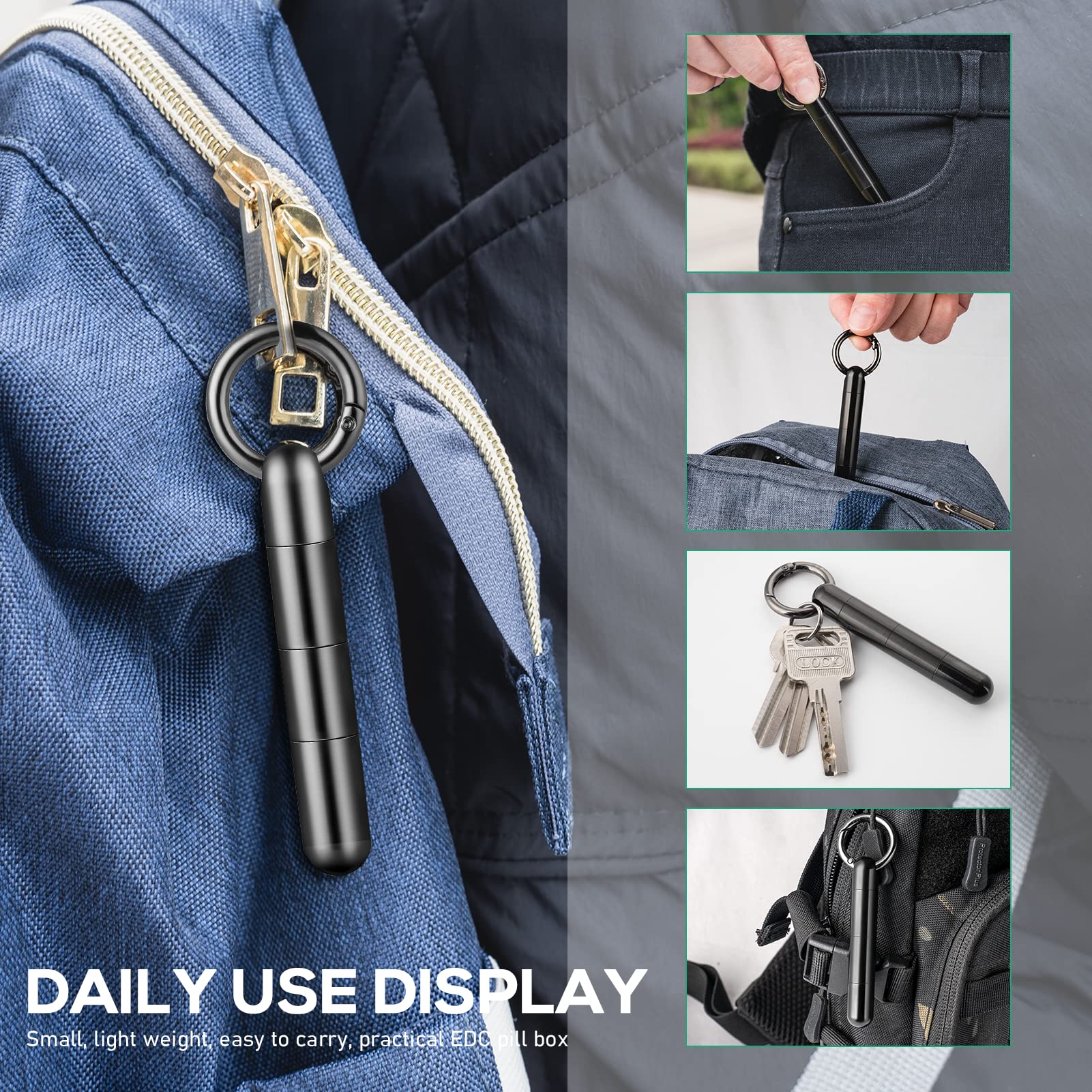 Accessoire voyage TISUR: attache clé pour pilules et petits objets.