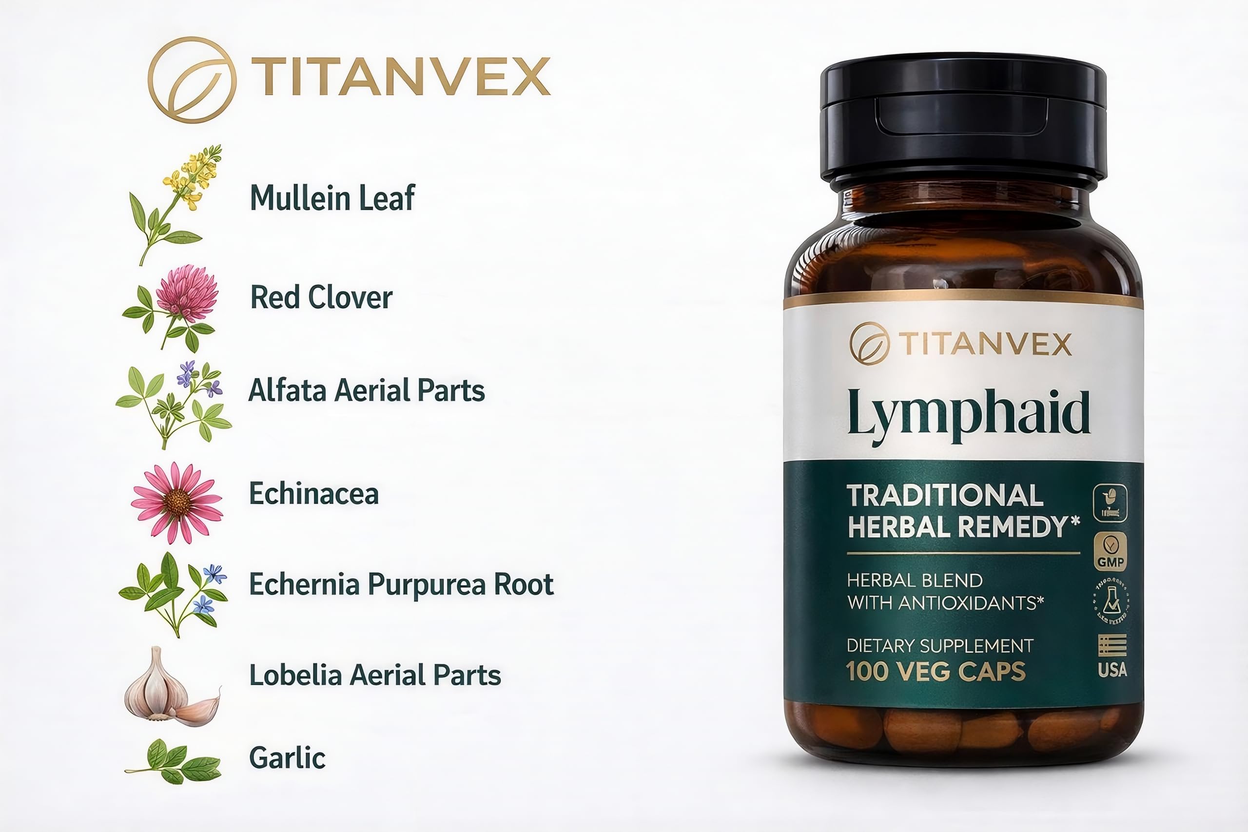 TitanVex Lymphaid: formule vegan sans additifs artificiels.