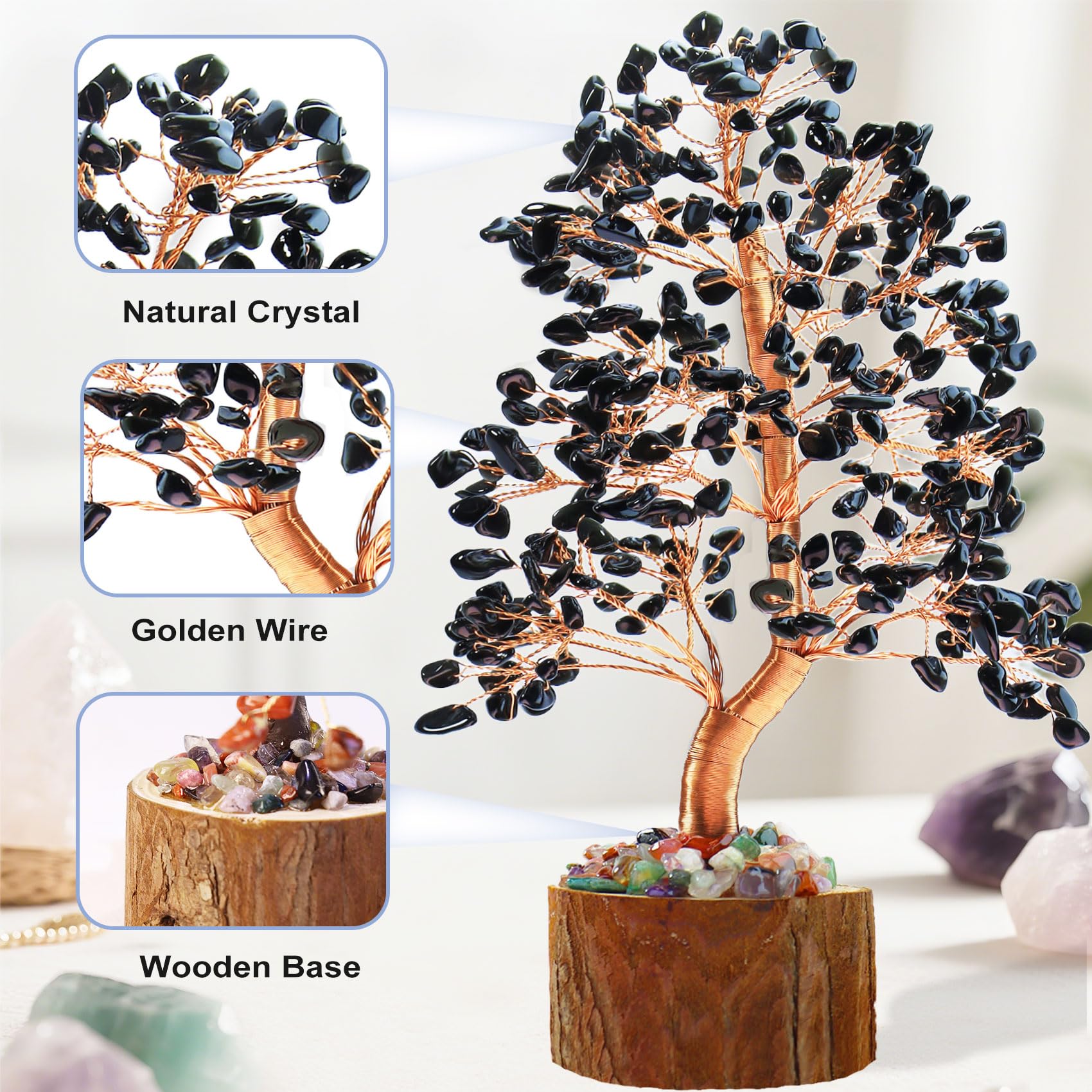Tizzomx Arbre obsidienne branche énergie positive et focus en espace de travail.