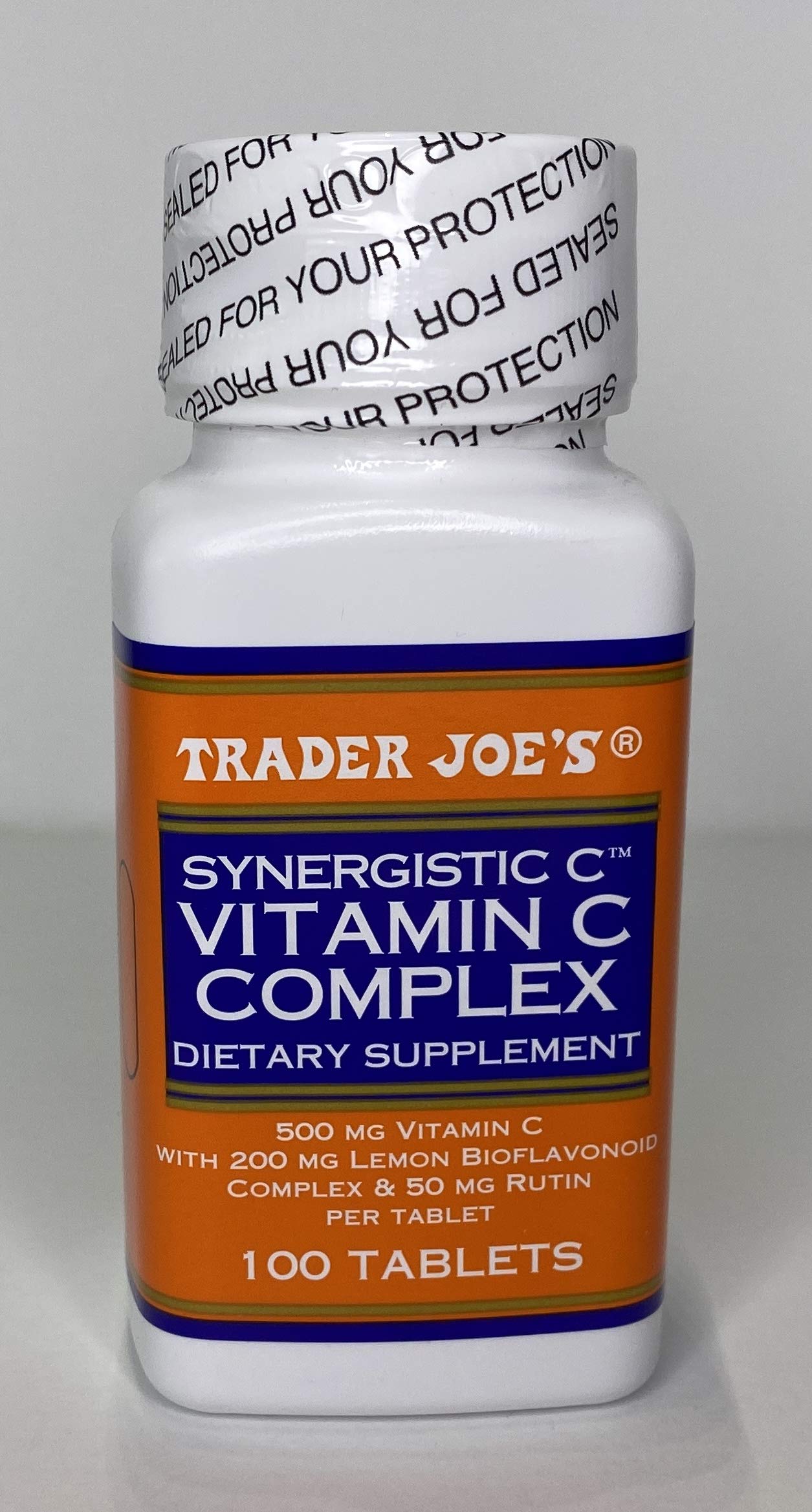 TJ’s Vitamine C Complex – étiquette lisible indiquant 500 mg par comprimé.