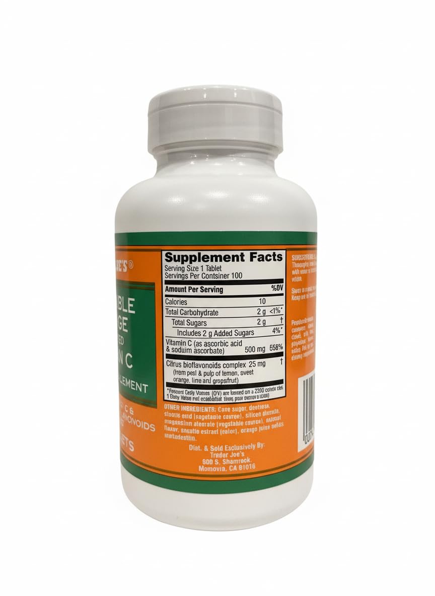TJ's vitamine C mâchable orange, idéal en déplacement pour un apport rapide.