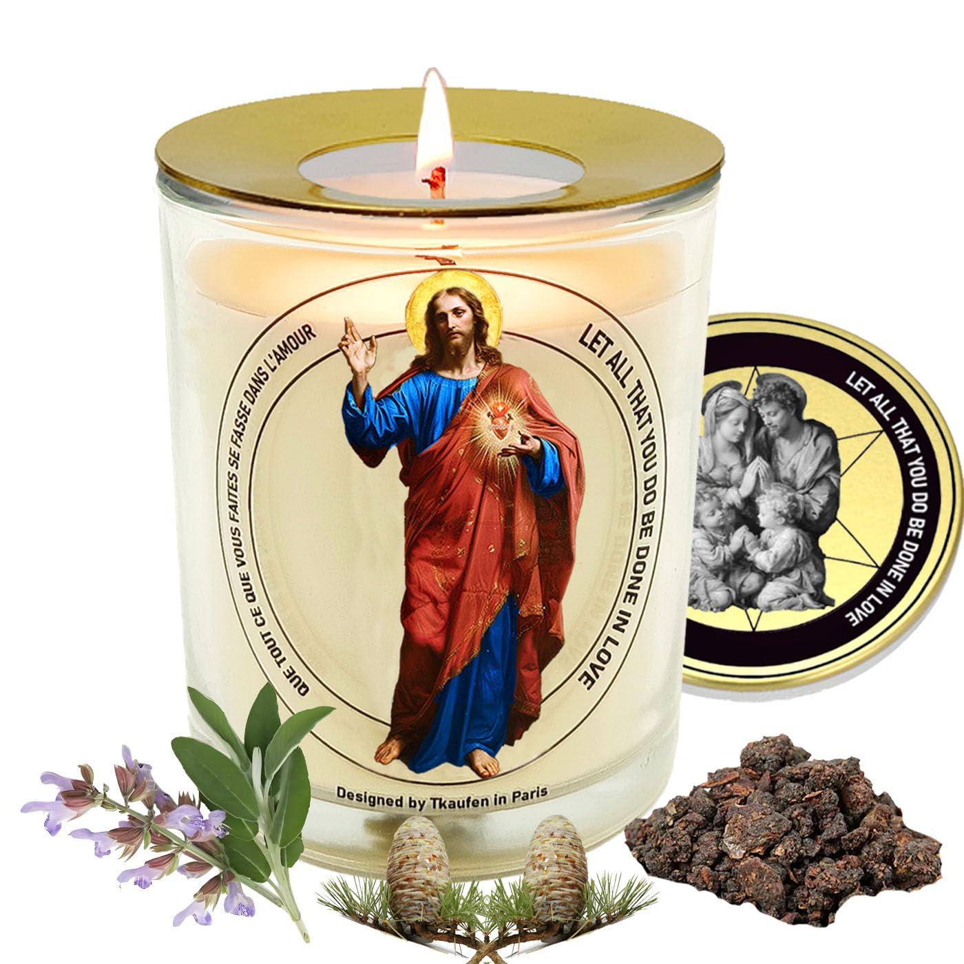 Tkaufen Cœur Sacré Jésus – bougie encens sauge, usage lors de prières et méditation.