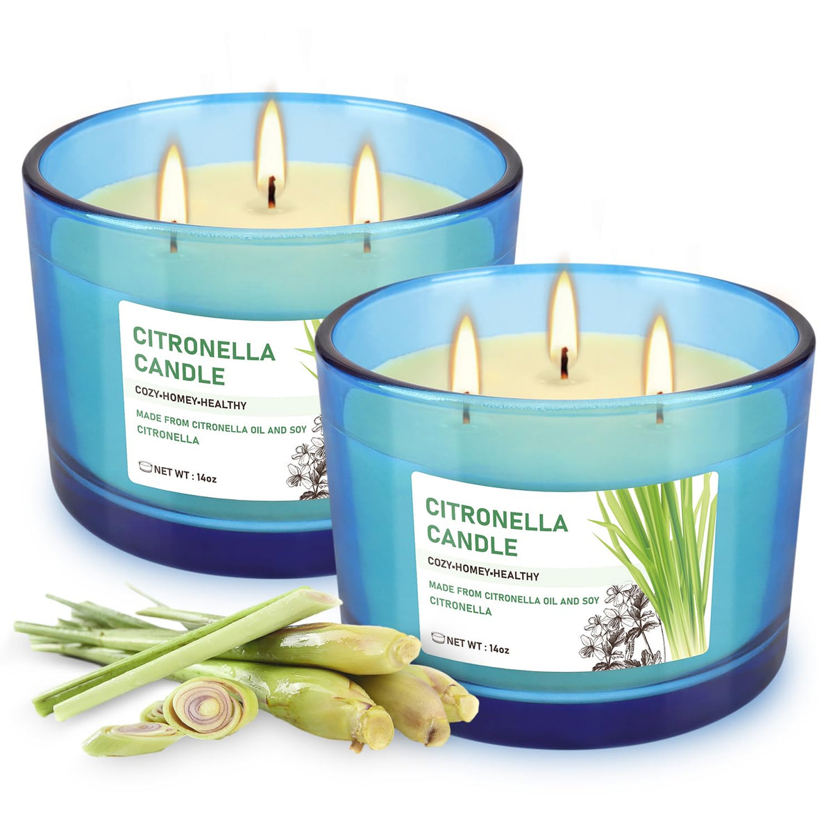 Bougie TLNFHRPI citronelle triple-meches dans pot bleu cobalt, ambiance extérieure durable.