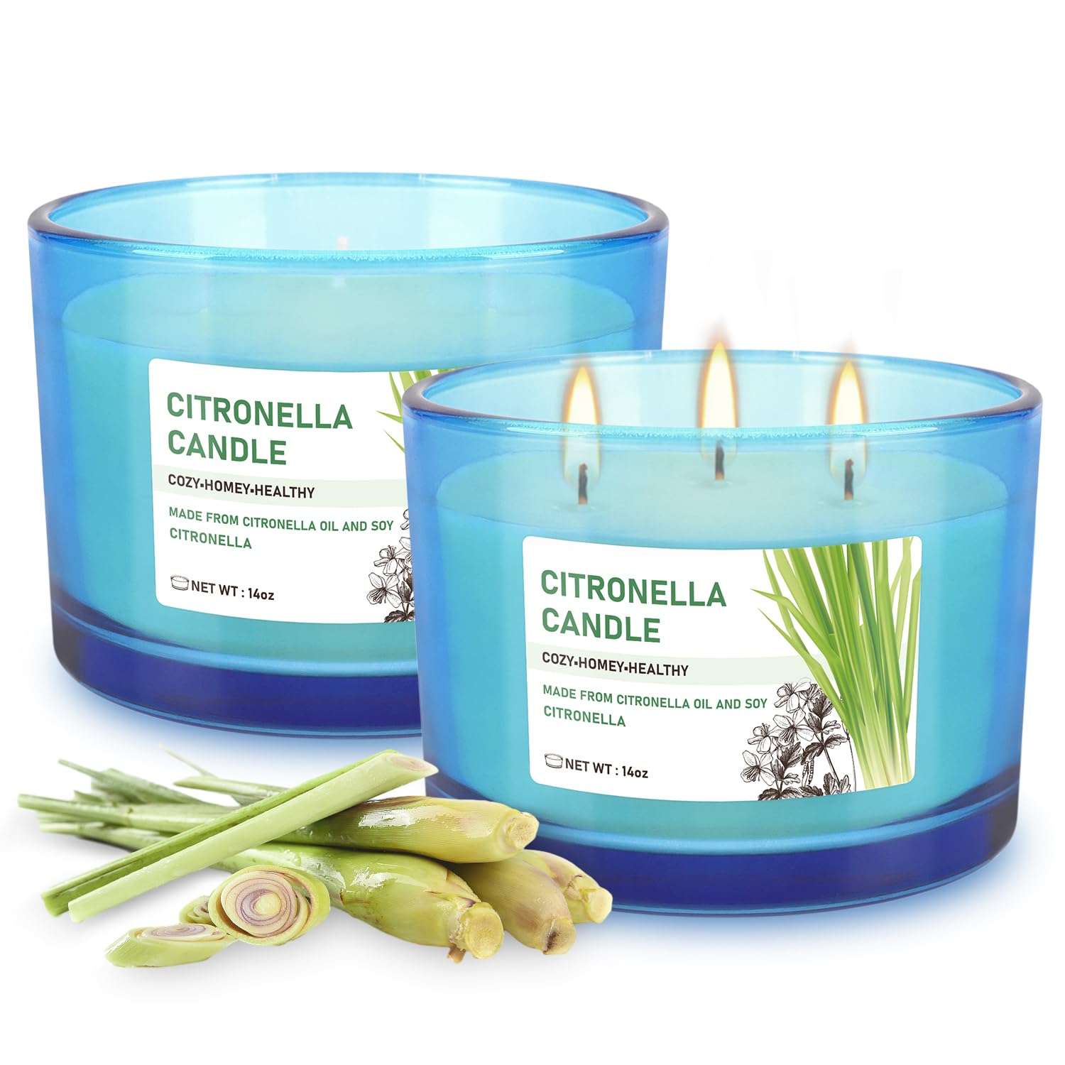 Bougie TLNFHRPI cire soja naturelle, verre bleu, brûle propre et lentement.