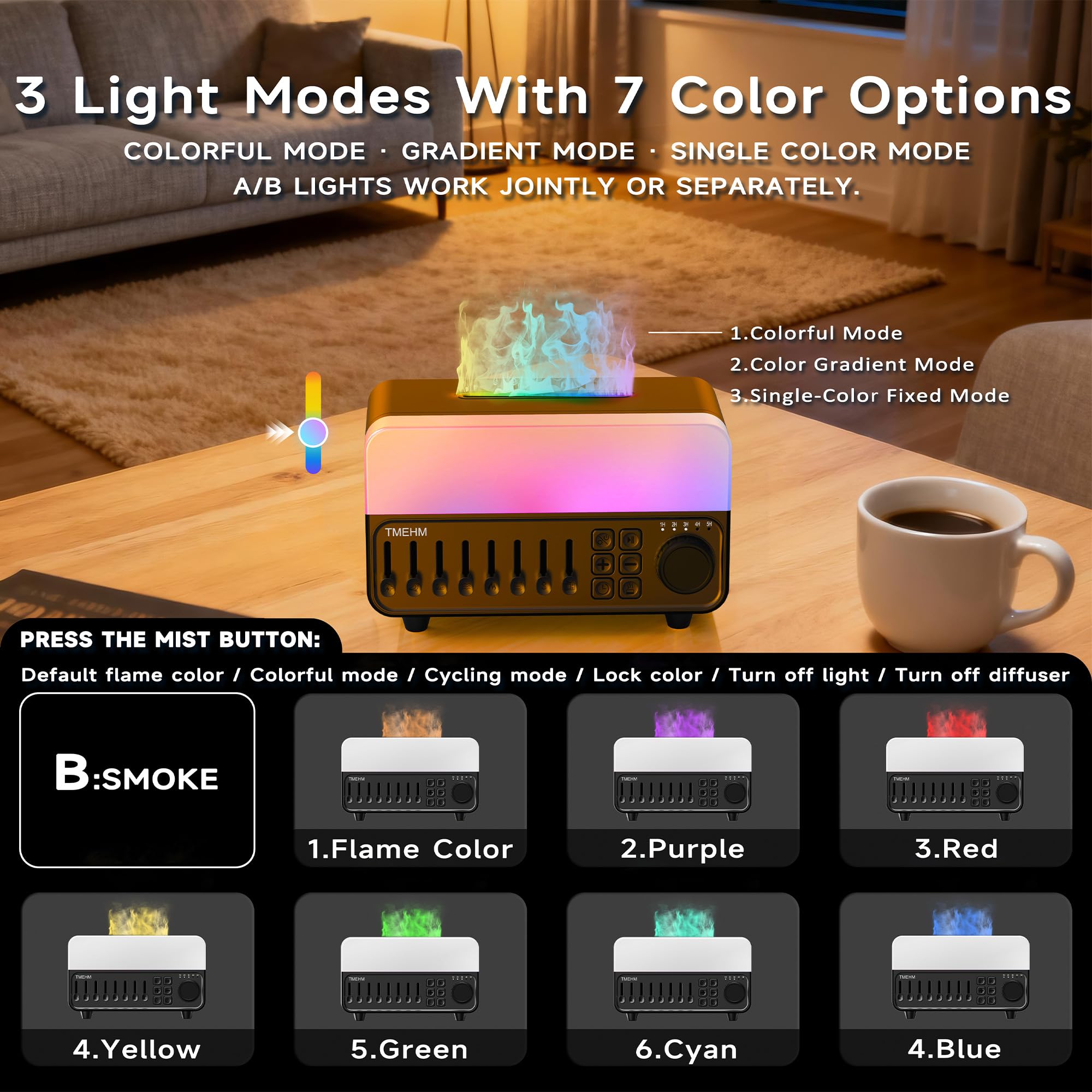 Effet flamme TMEHM avec 7 couleurs pour une ambiance cosy.