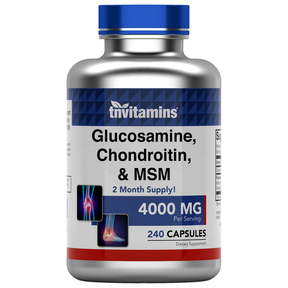 Gelules tnvitamins glucosamine-chondroitine-msm pour soutien articulaire quotidien.