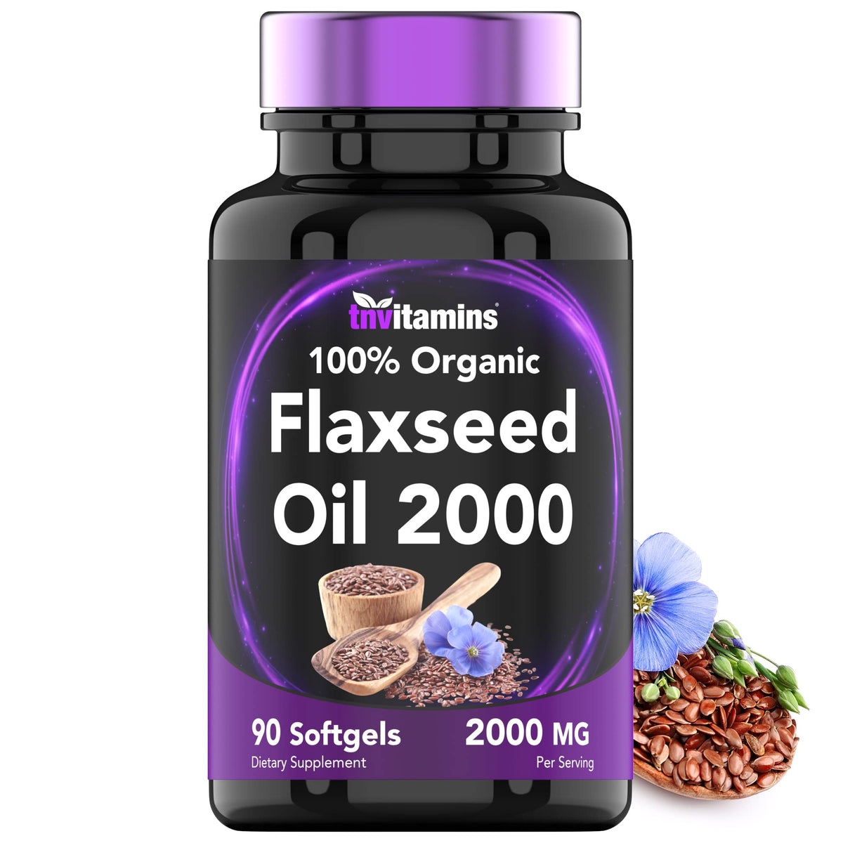 tnvitamins huile de lin bio en bouteille, riche en oméga-3 pour votre routine nutritionnelle.