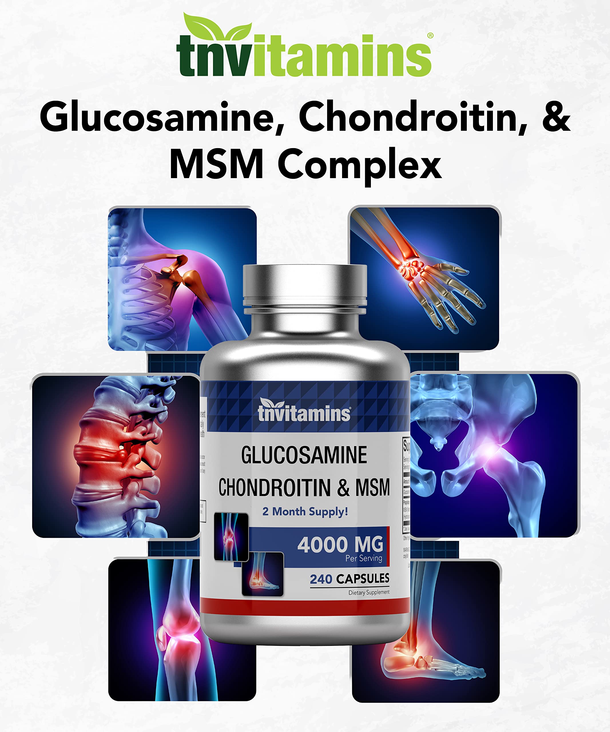 Ingrédients tnvitamins glucosamine-chondroitine-msm pour articulations et mobilité.