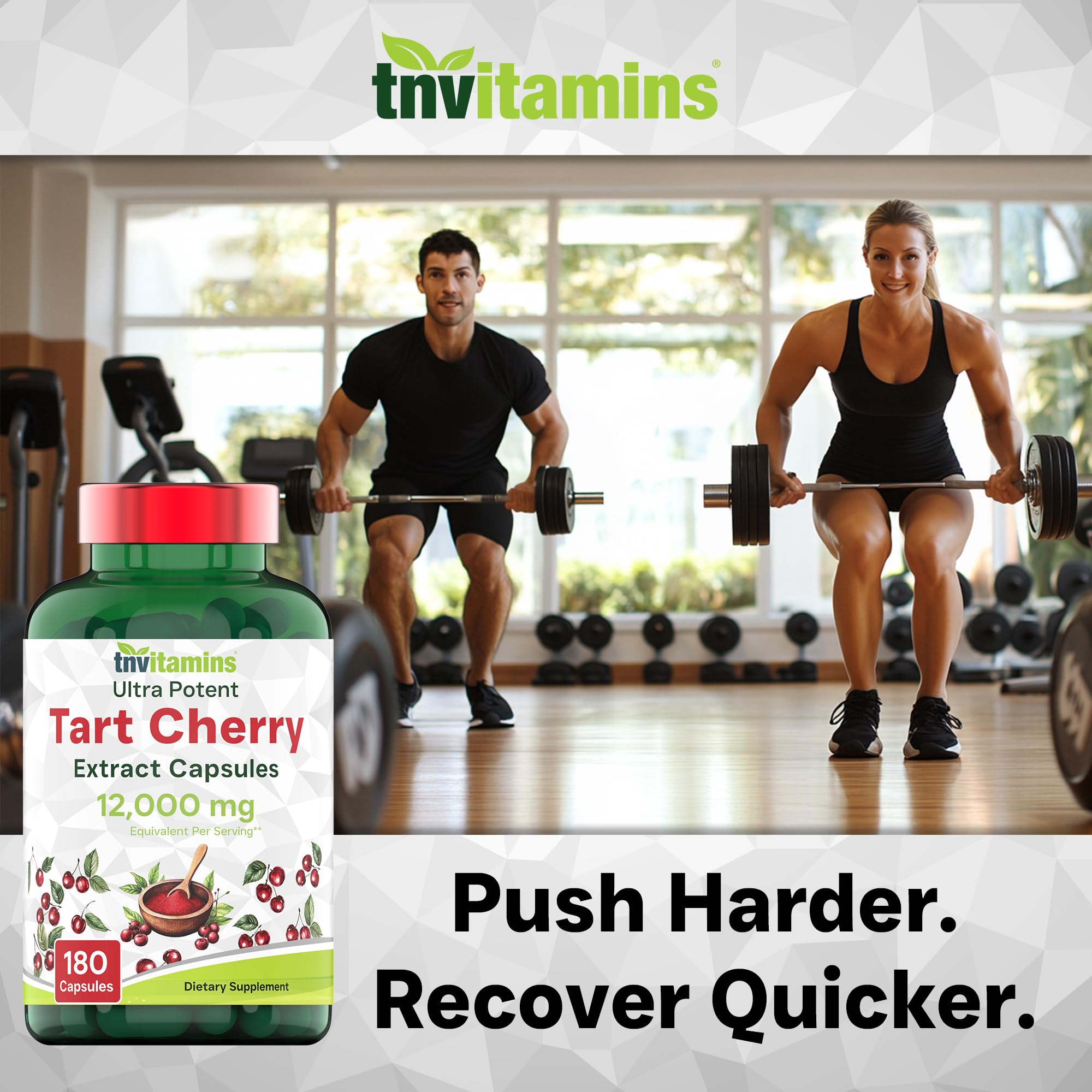 Gélules TNVitamins Tart Cherry près d’un cadre sommeil et récupération.