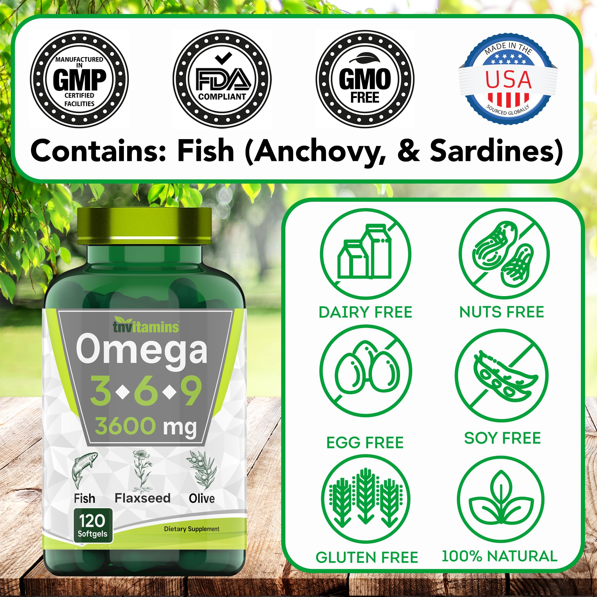 tnvitamins Triple Oméga 3-6-9 - emballage et flacon visibles pour référence rapide.