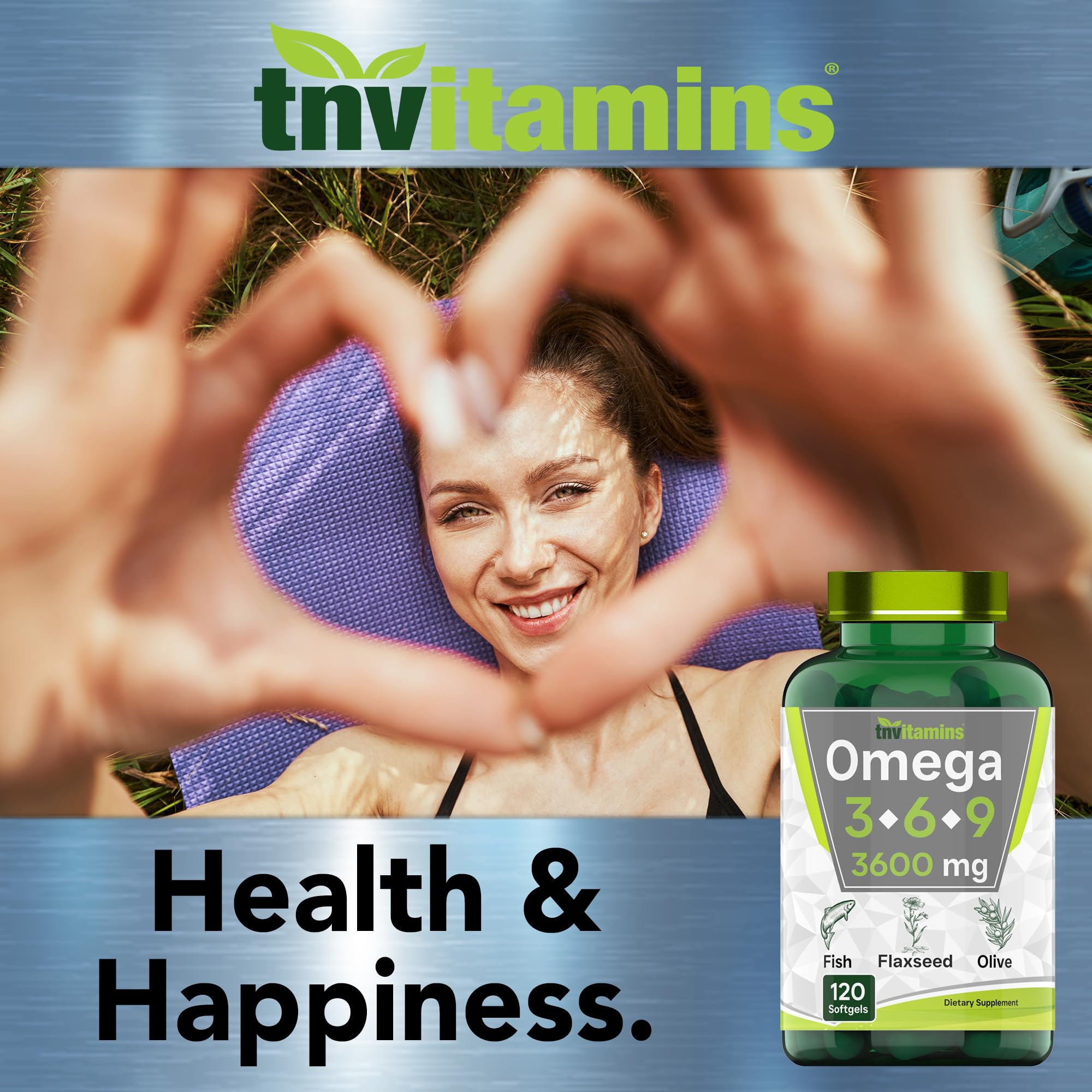 tnvitamins Triple Oméga 3-6-9 - fiche-produit montrant les composants et utilisations possibles.