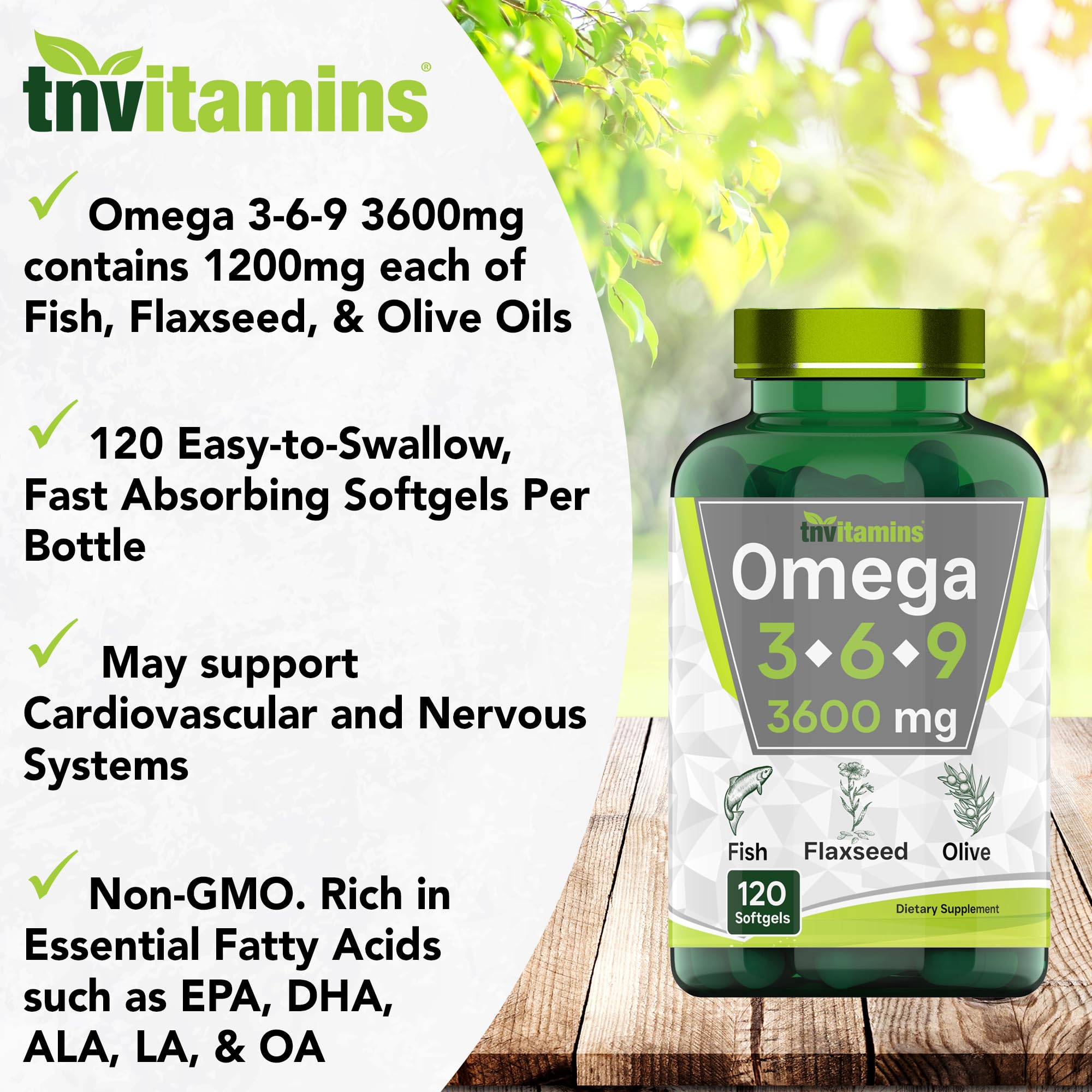 tnvitamins Triple Oméga 3-6-9 - vue des sources poisson, lin et olive pour un spectre d’acides gras.