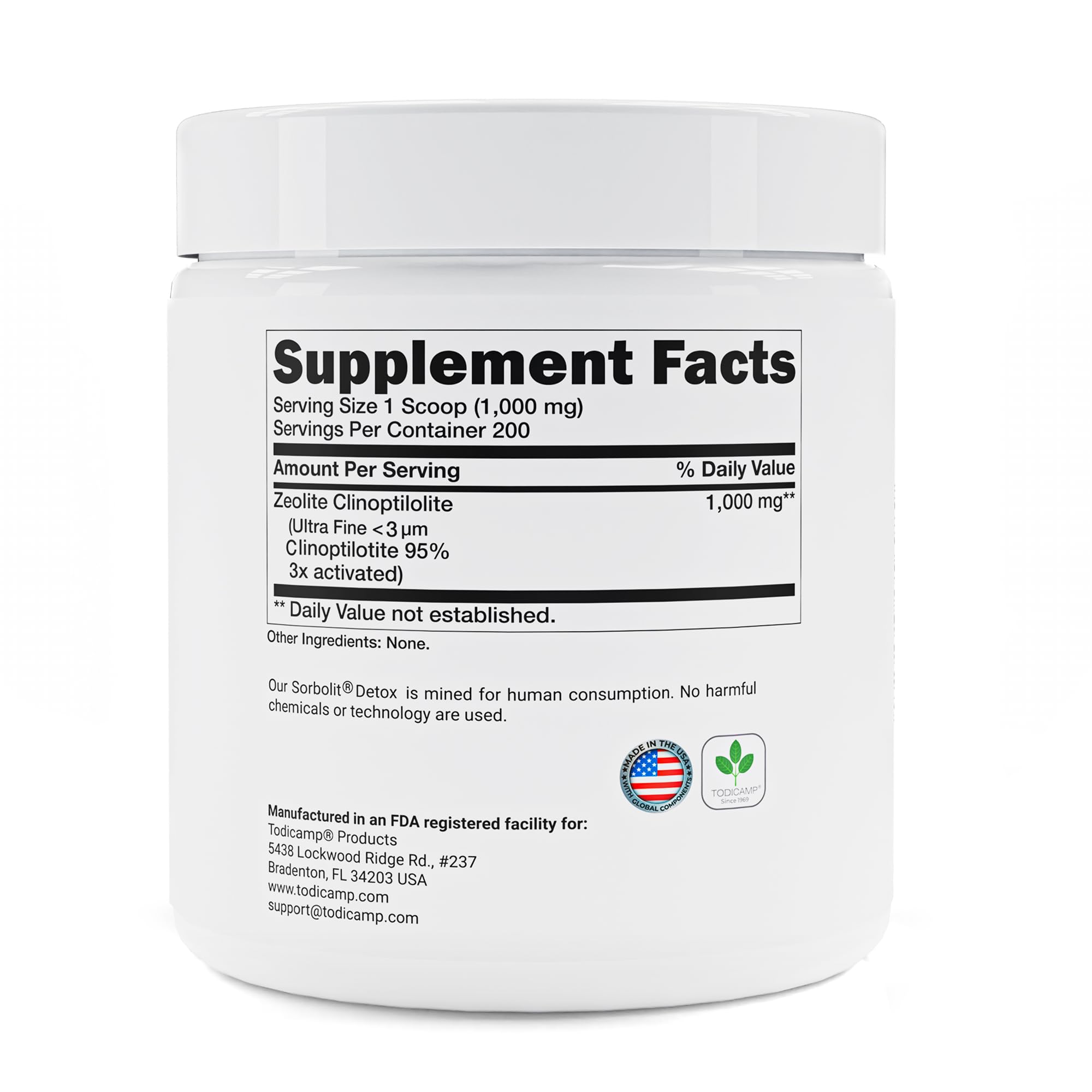 Poudre fine Todicamp Zeolite Detox prête à être mélangée dans l’eau.