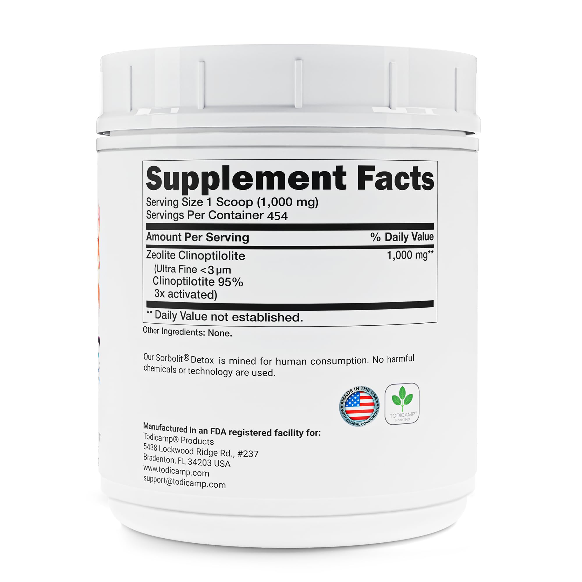 TODICAMP Zeolite Detox Sorbolit — poudre ultra-fine pour détox cellulaire potentielle.