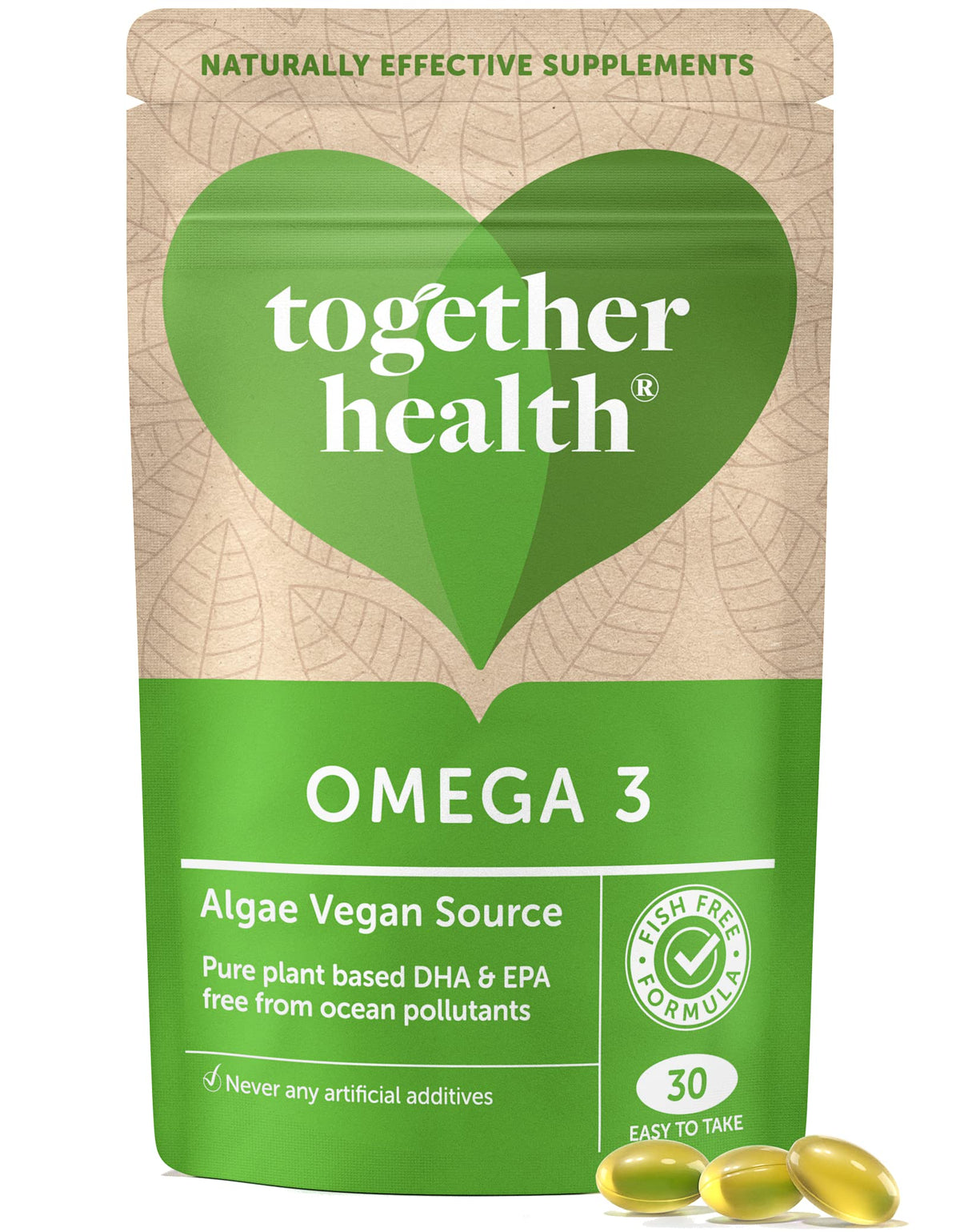 Together Omega 3: gélules d’algues sans poisson, apport quotidien possible.