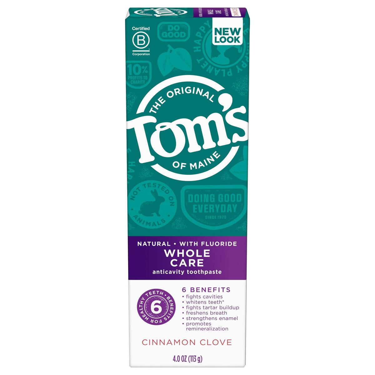 Tom's of Maine Whole Care cannelle et girofle, tube de 113 g, fraîcheur durable.
