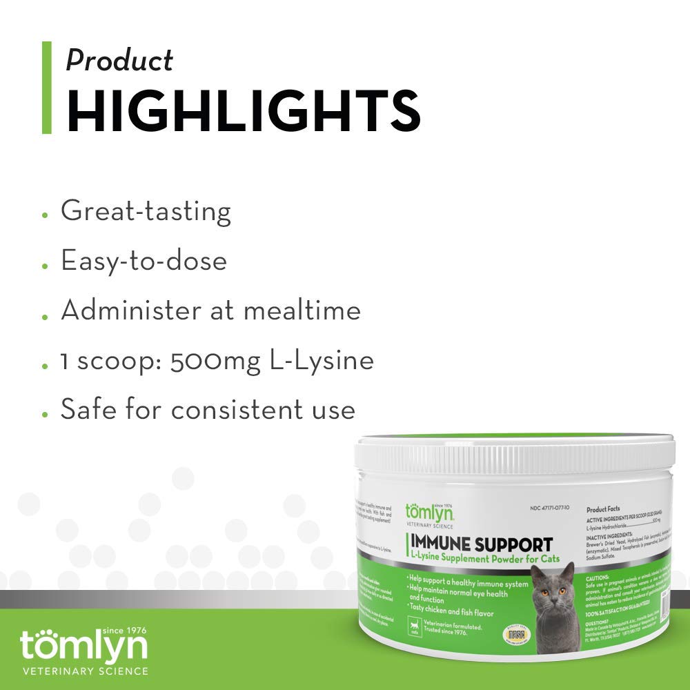 Tomlyn L-Lysine au poisson, chat dégustant sa nourriture après ajout du produit.
