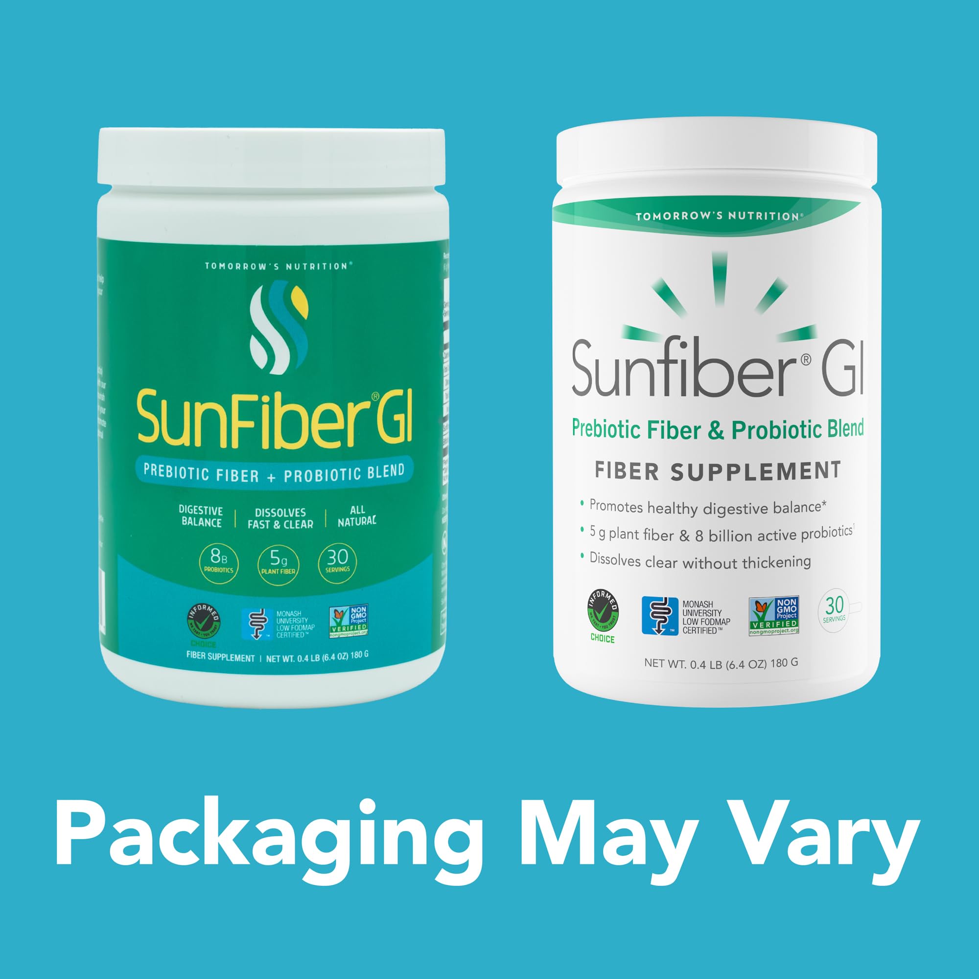 Verre avec Sunfiber GI Tomorrow's Nutrition qui se dissout rapidement sans changer le goût.