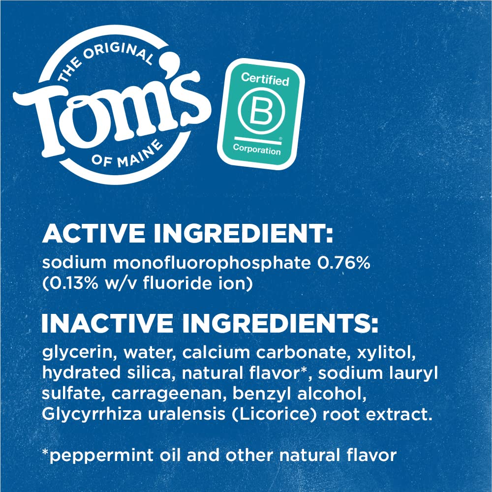 Tom's of Maine Wicked Fresh, tube recyclable affichant un drapeau bleu pour le recyclage.