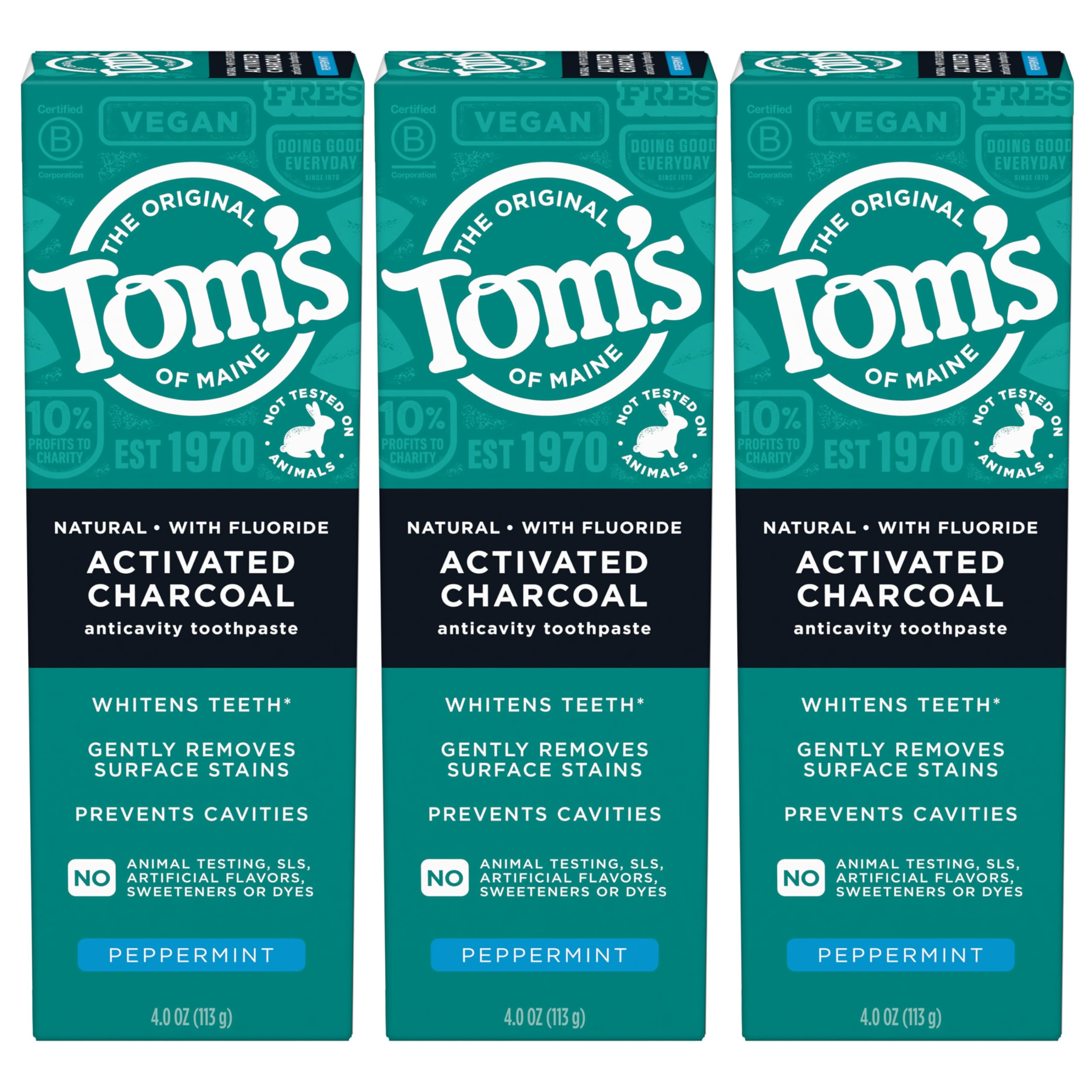 Tom's of Maine dentifrice charbon actif menthe, tube bien visible, douceur sur l’émail.