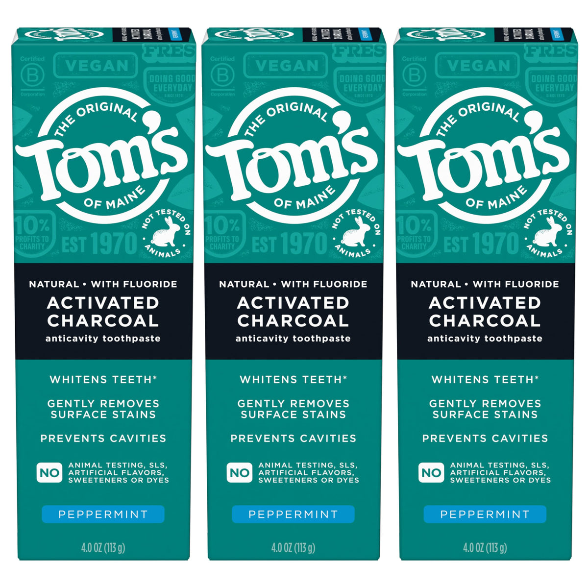 Tom's of Maine dentifrice charbon actif menthe, tube bien visible, douceur sur l’émail.