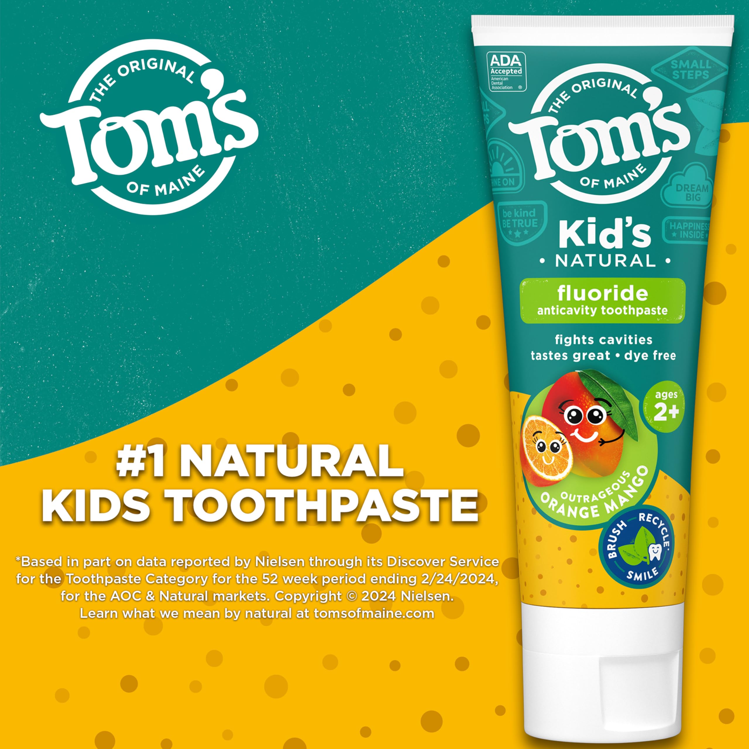 Tom's of Maine dentifrice enfant Orange Mango, tube ouvert prêt au brossage des dents.