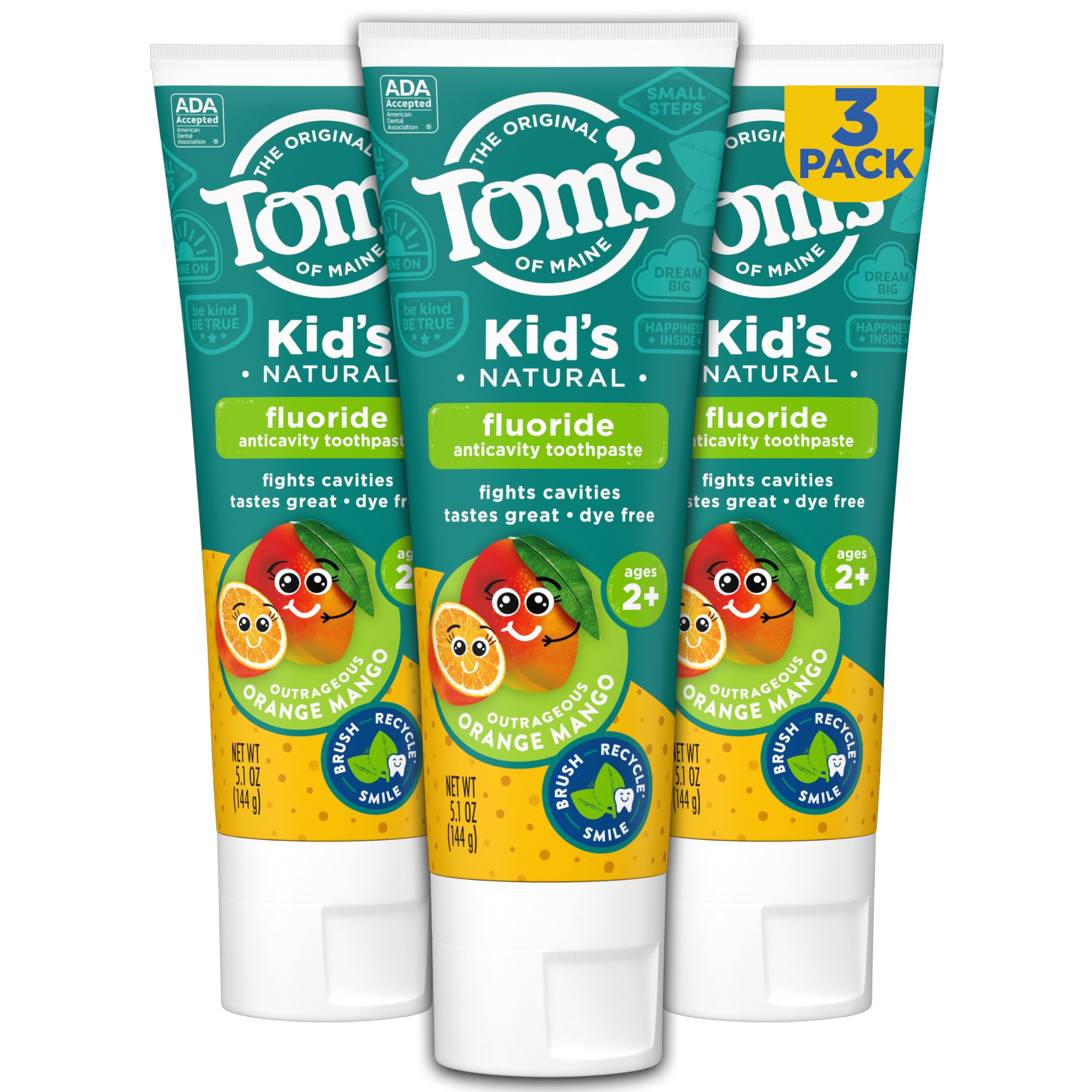 Tom's of Maine dentifrice enfant Orange Mango, pack de tubes prêt à l’emploi pour le brossage quotidien.