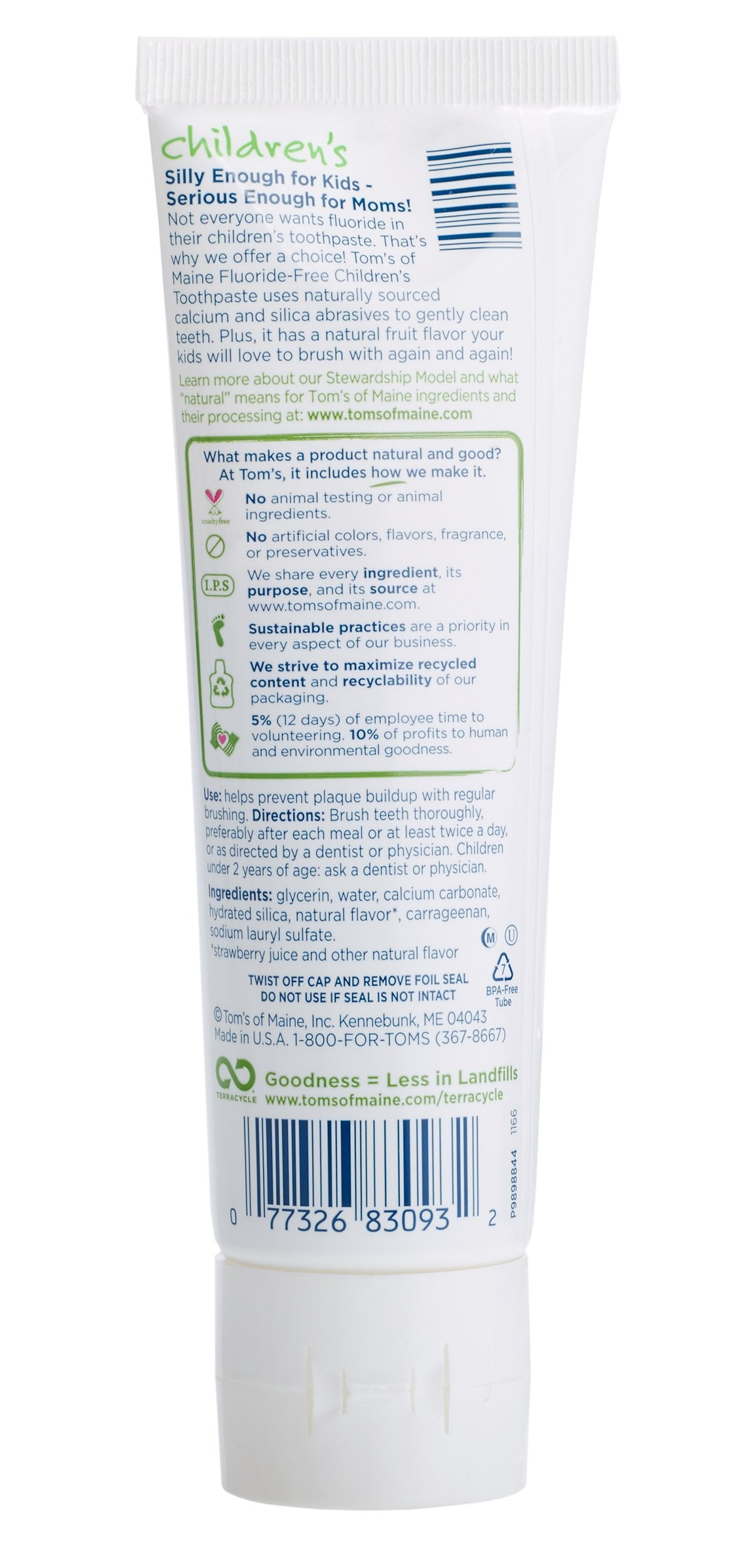 Tom's of Maine dentifrice enfants sans fluorure, calcium et silice pour nettoyage doux