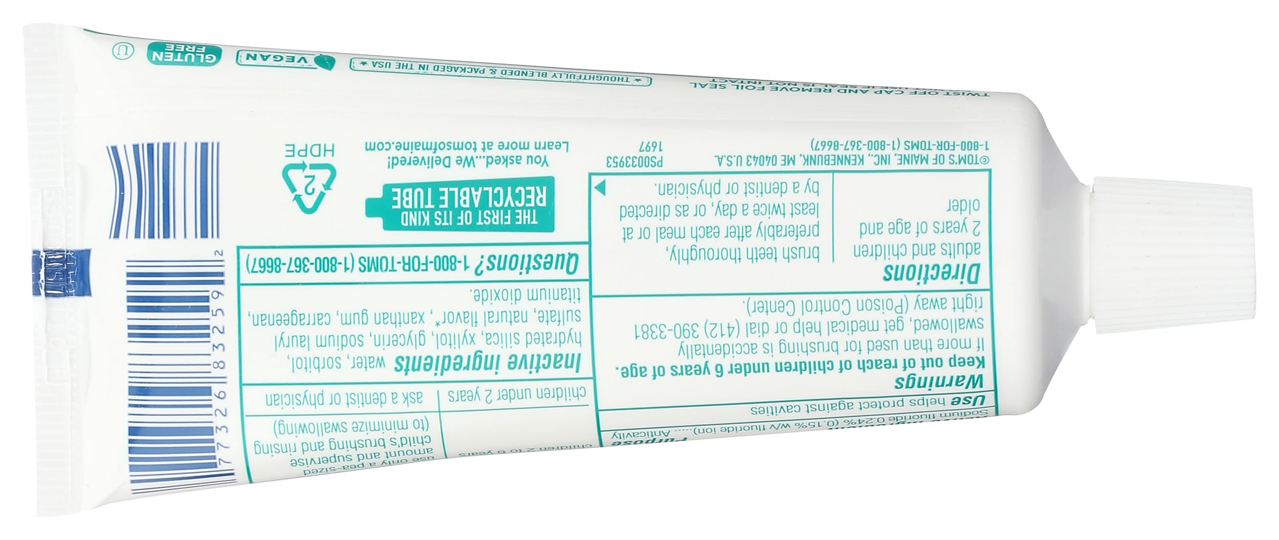 Dentifrice Tom's of Maine Voyage Menthe Fraîche, emballage compact idéal voyage.