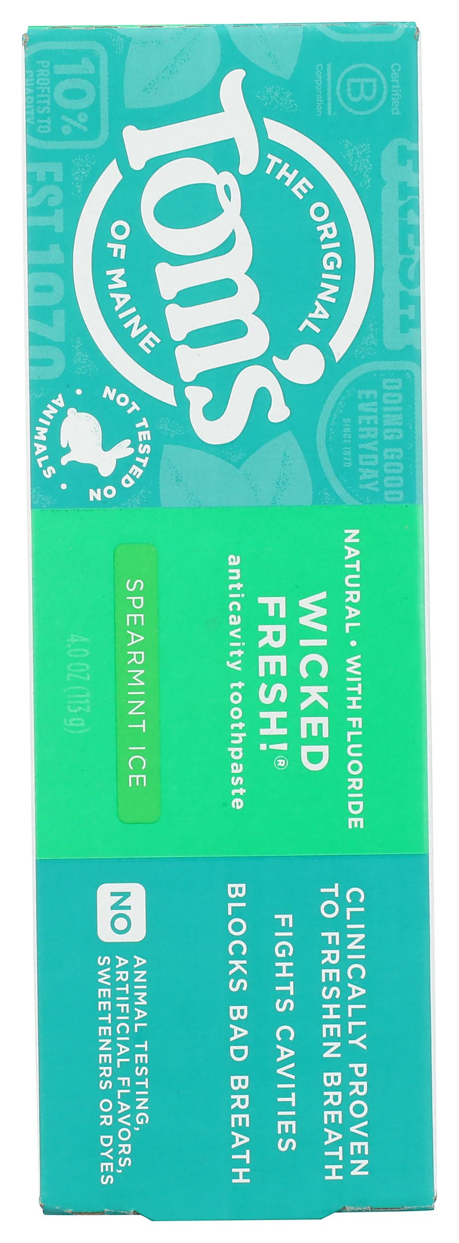 Tom's of Maine dentifrice Wicked Fresh Menthe Poivrée – vue arrière, sans conservateurs ni colorants artificiels.