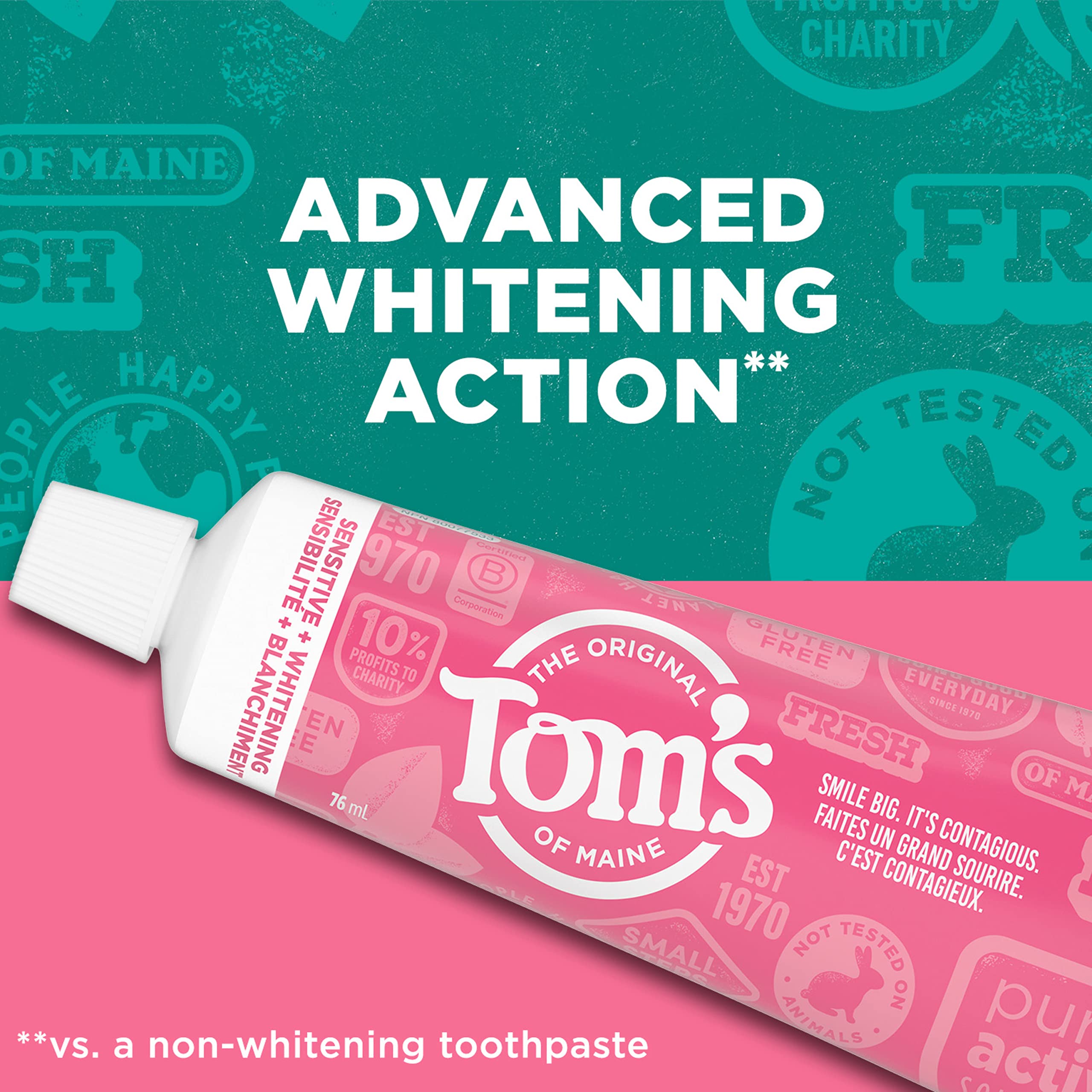 Emballage recyclable Tom’s of Maine avec badge bleu de recyclage.