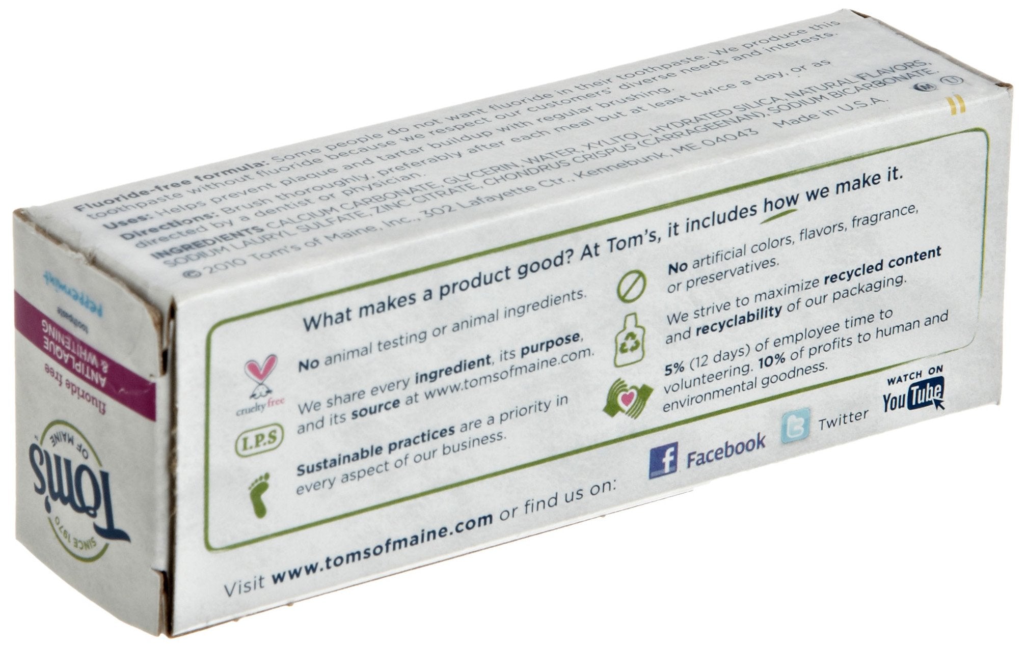 Tom's of Maine pâte antiplaque sans animal testé, respectueuse des animaux
