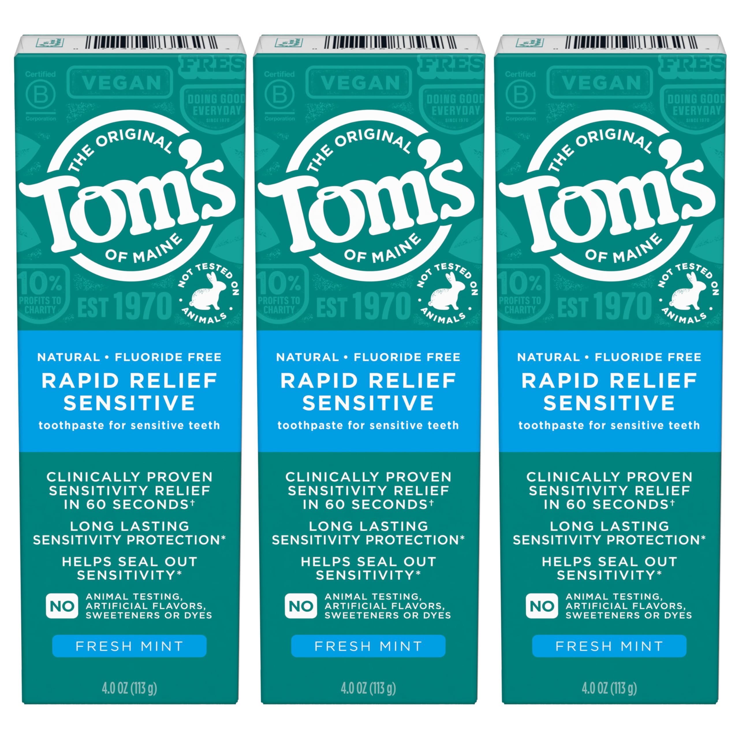 Tom's of Maine – trois tubes Menthe Fraîche, routine sans fluorure.