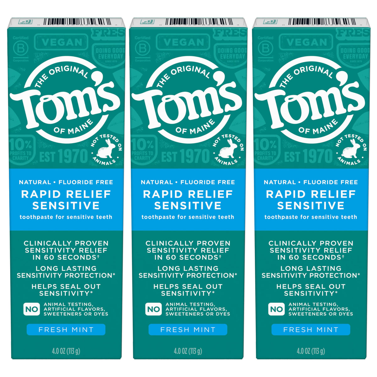 Tom's of Maine – trois tubes Menthe Fraîche, routine sans fluorure.