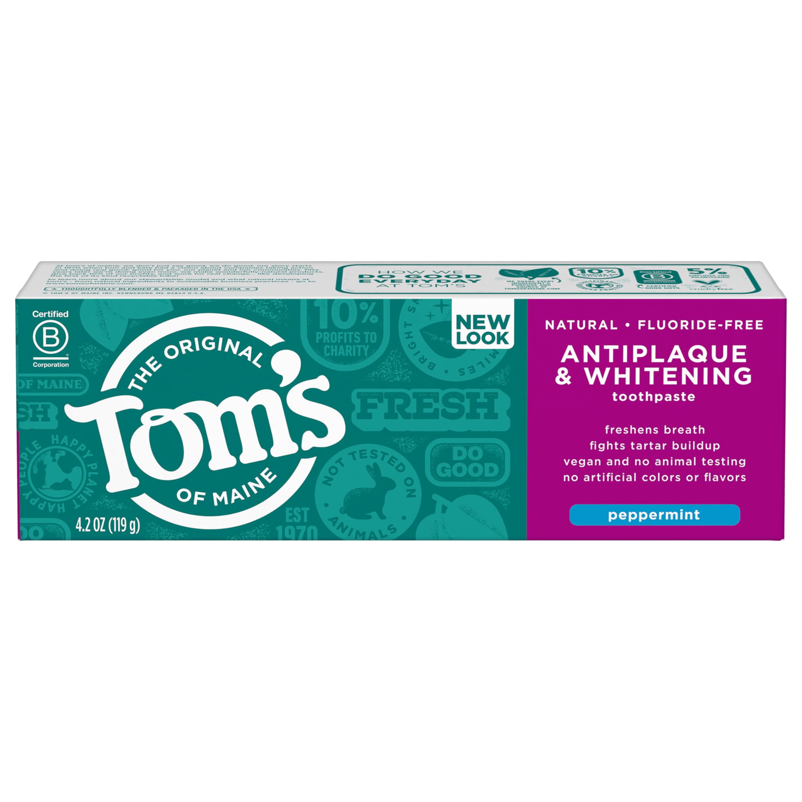 Tom's of Maine - tube recyclable avec drapeau bleu, option écoresponsable.
