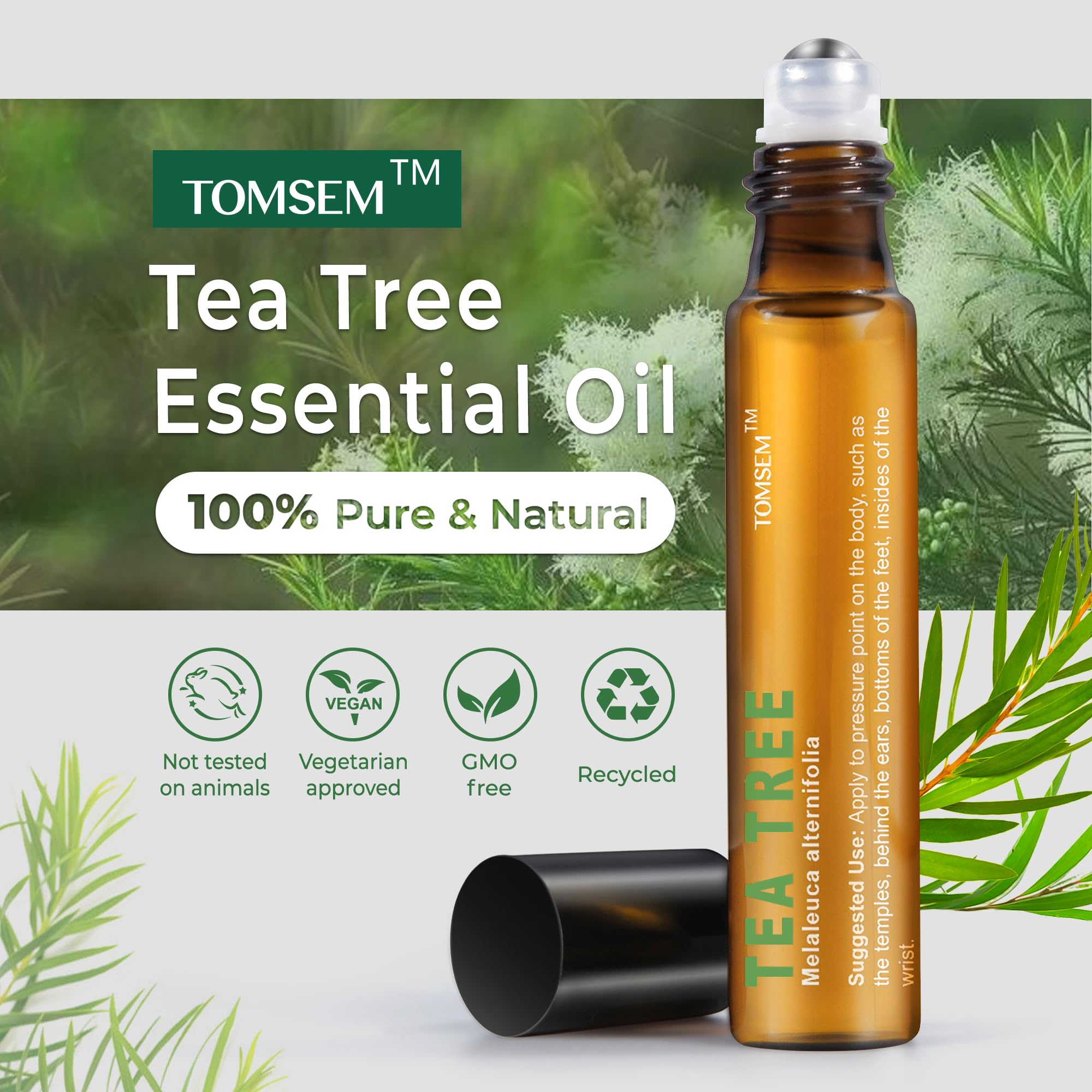 TOMSEM huile arbre à thé rouleau, application visage, peau plus nette et lumineuse.